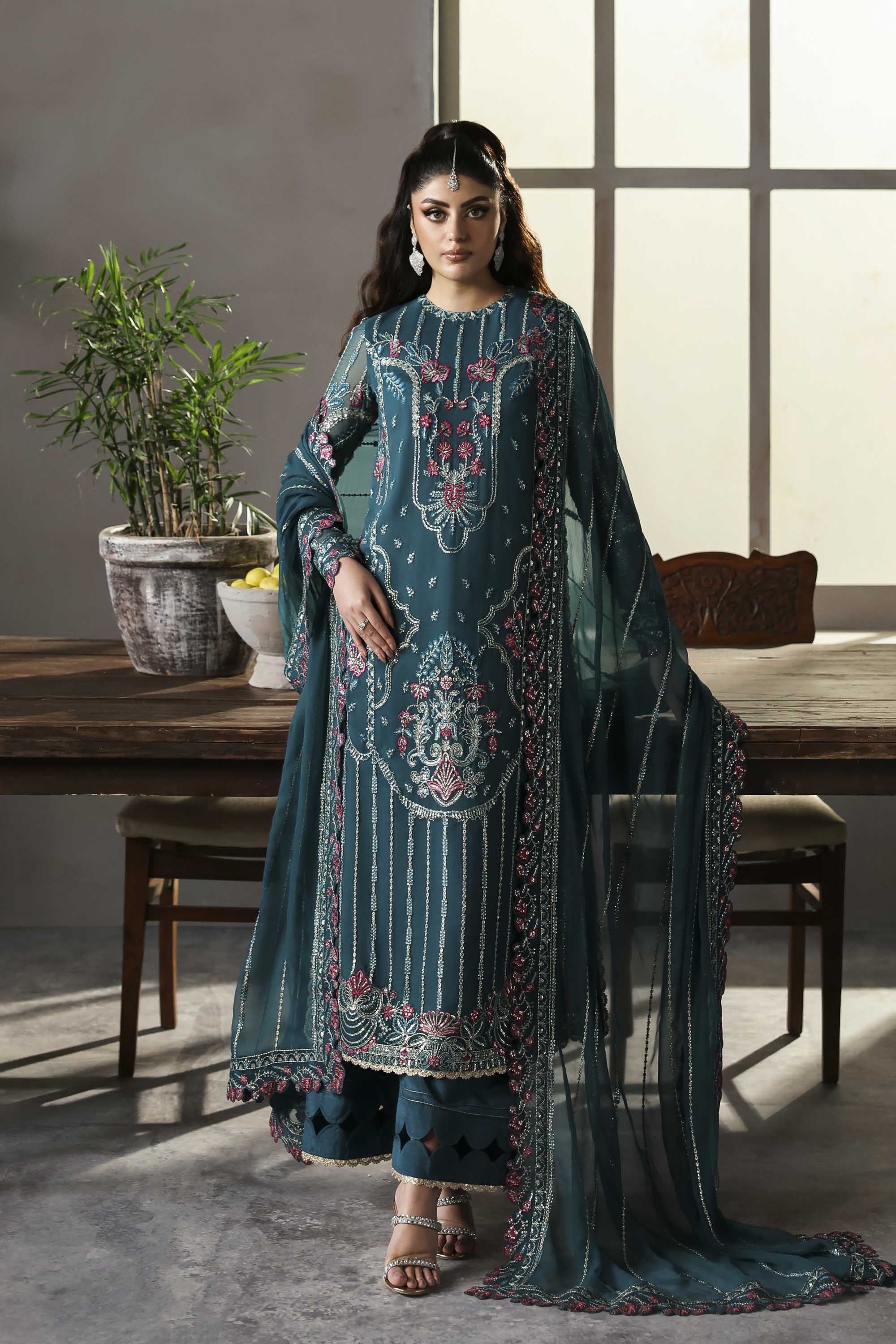 Women Wearing Scarzia Teal Long Shirt For Formals Events - Pakistani Designer Wear For Women In UK | Kifat