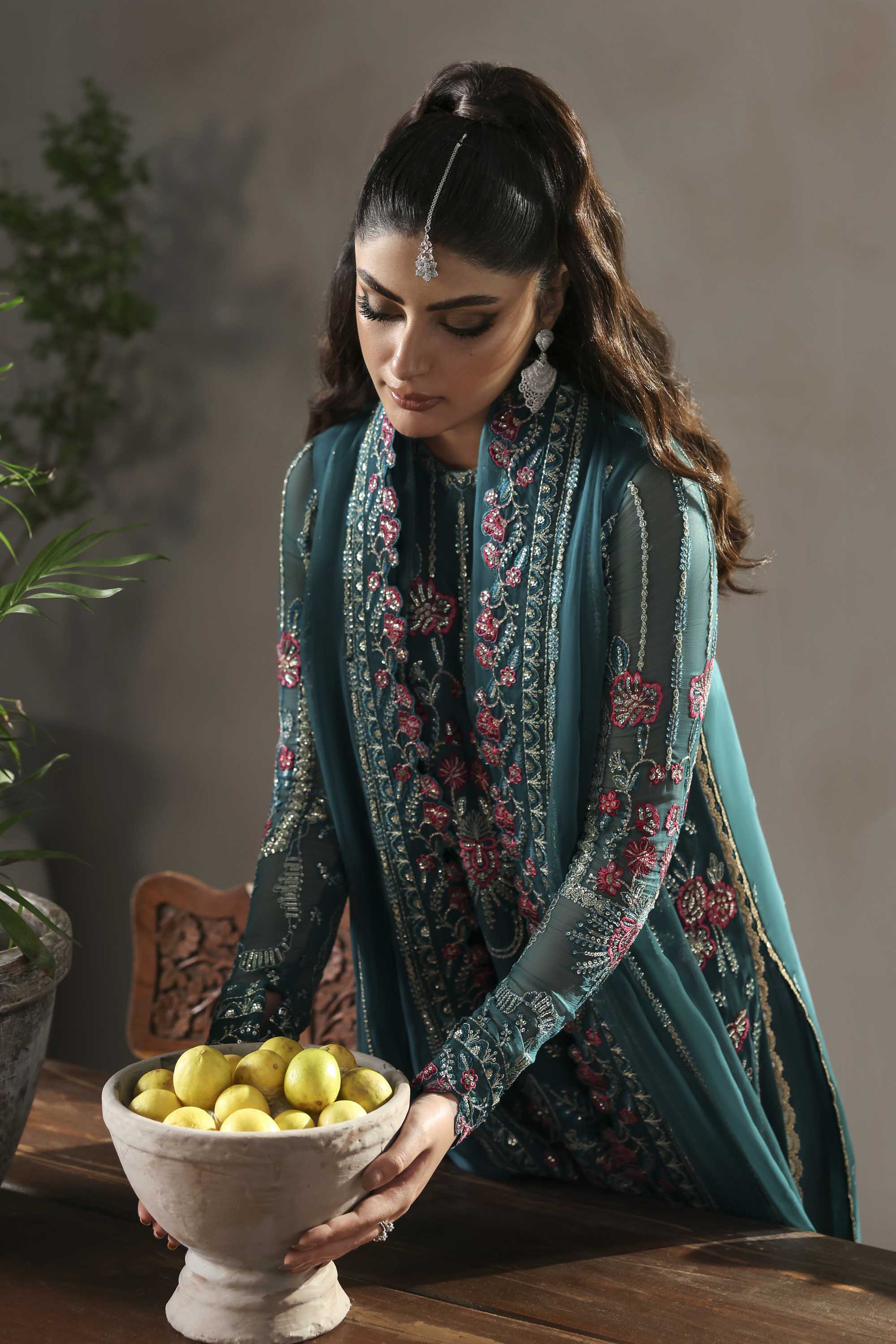 Women Wearing Scarzia Teal Long Shirt For Formals Events - Pakistani Designer Wear For Women In UK | Kifat