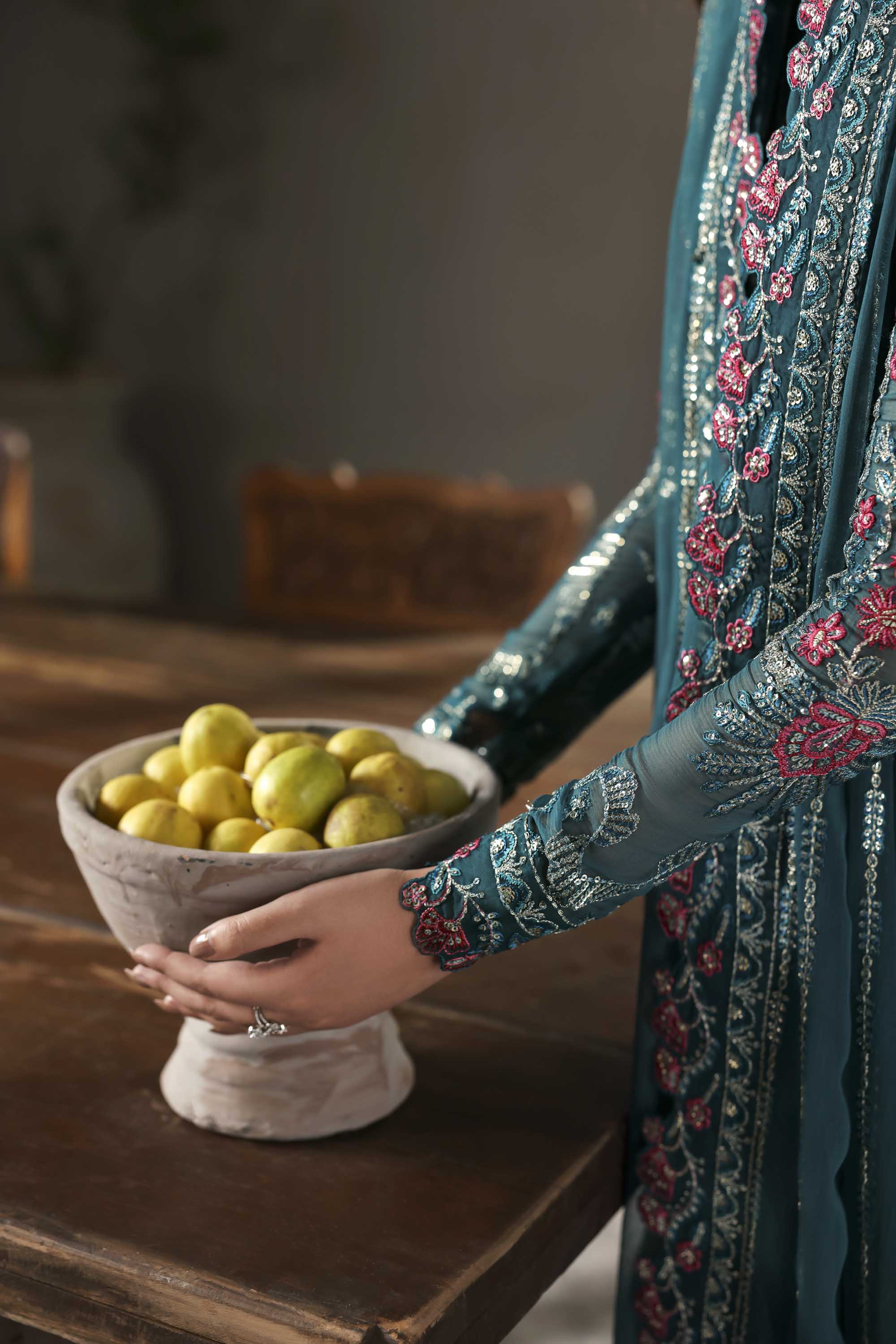 Women Wearing Scarzia Teal Long Shirt For Formals Events - Pakistani Designer Wear For Women In UK | Kifat
