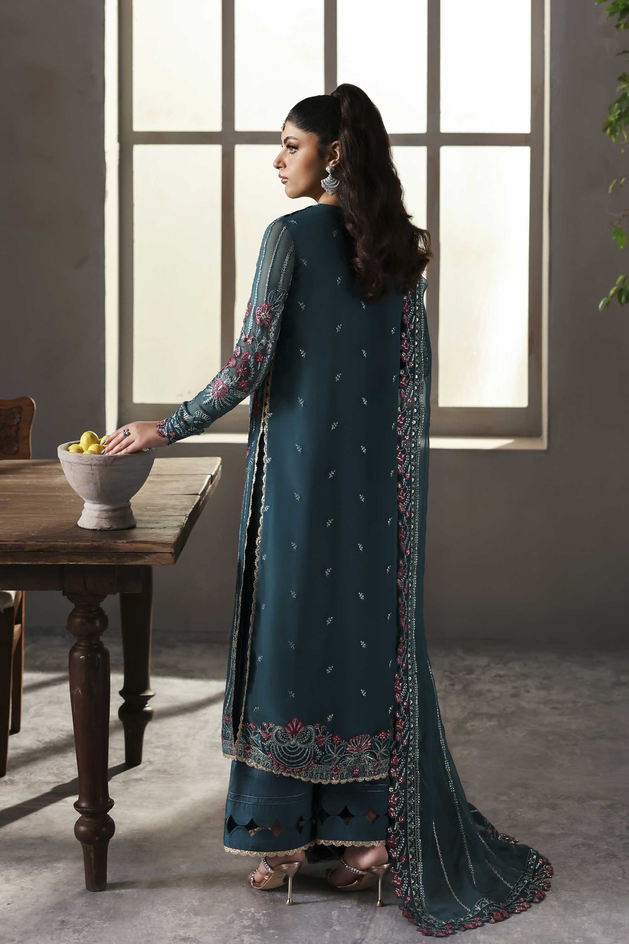 Women Wearing Scarzia Teal Long Shirt For Formals Events - Pakistani Designer Wear For Women In UK | Kifat