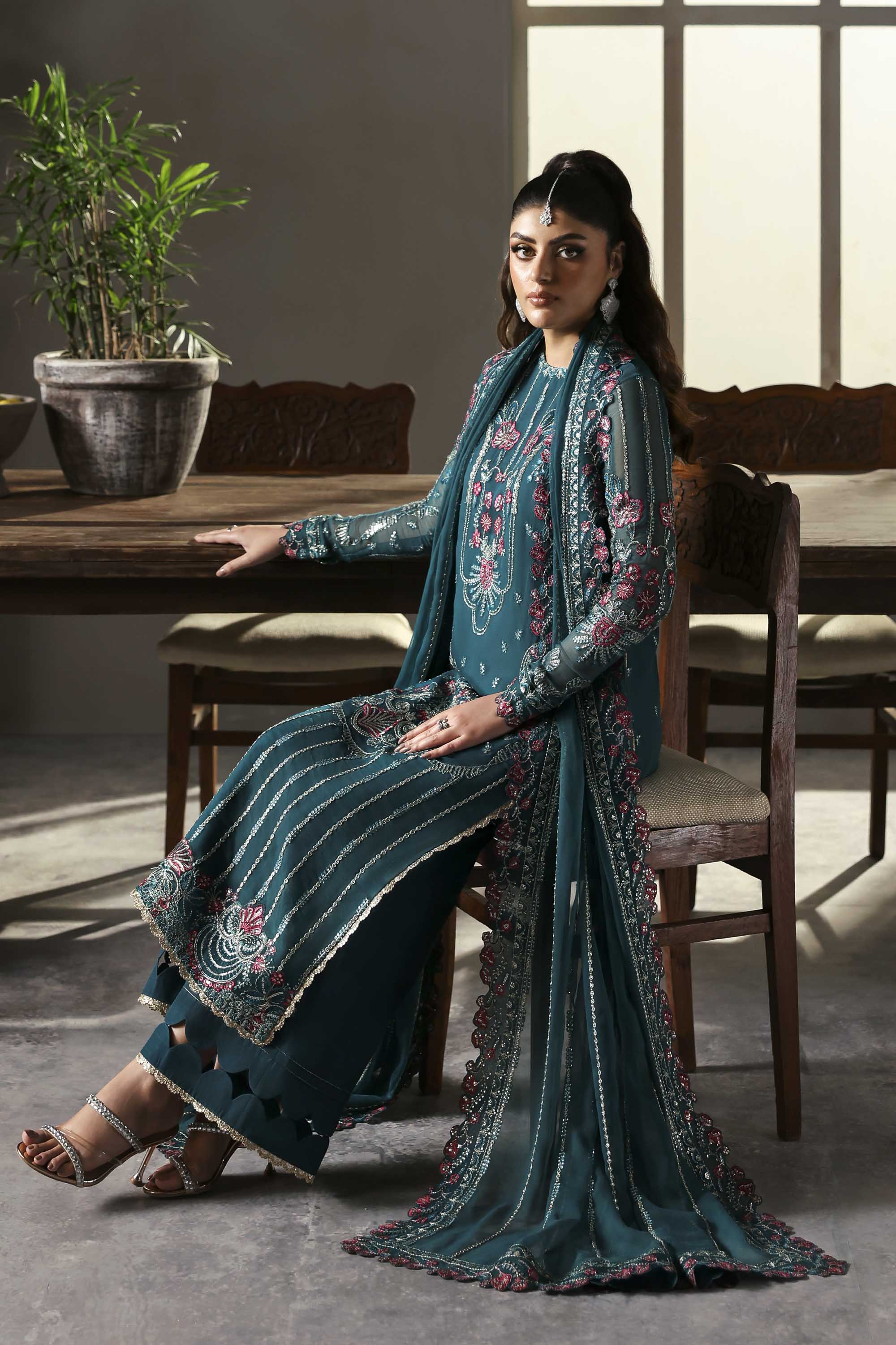 Women Wearing Scarzia Teal Long Shirt For Formals Events - Pakistani Designer Wear For Women In UK | Kifat