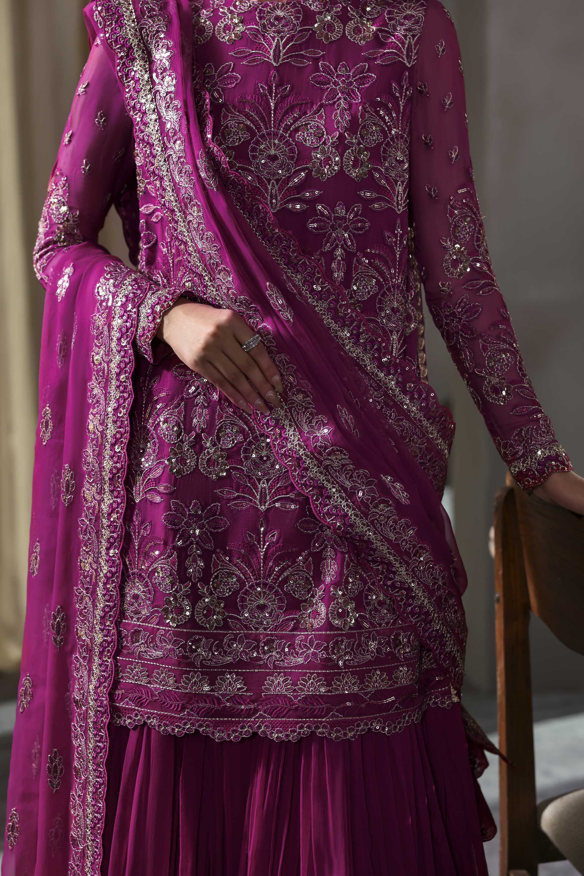 Women Wearing Mehzar Shocking Pink Shirt With Sharara For Formals Events - Pakistani Designer Wear For Women In UK | Kifat