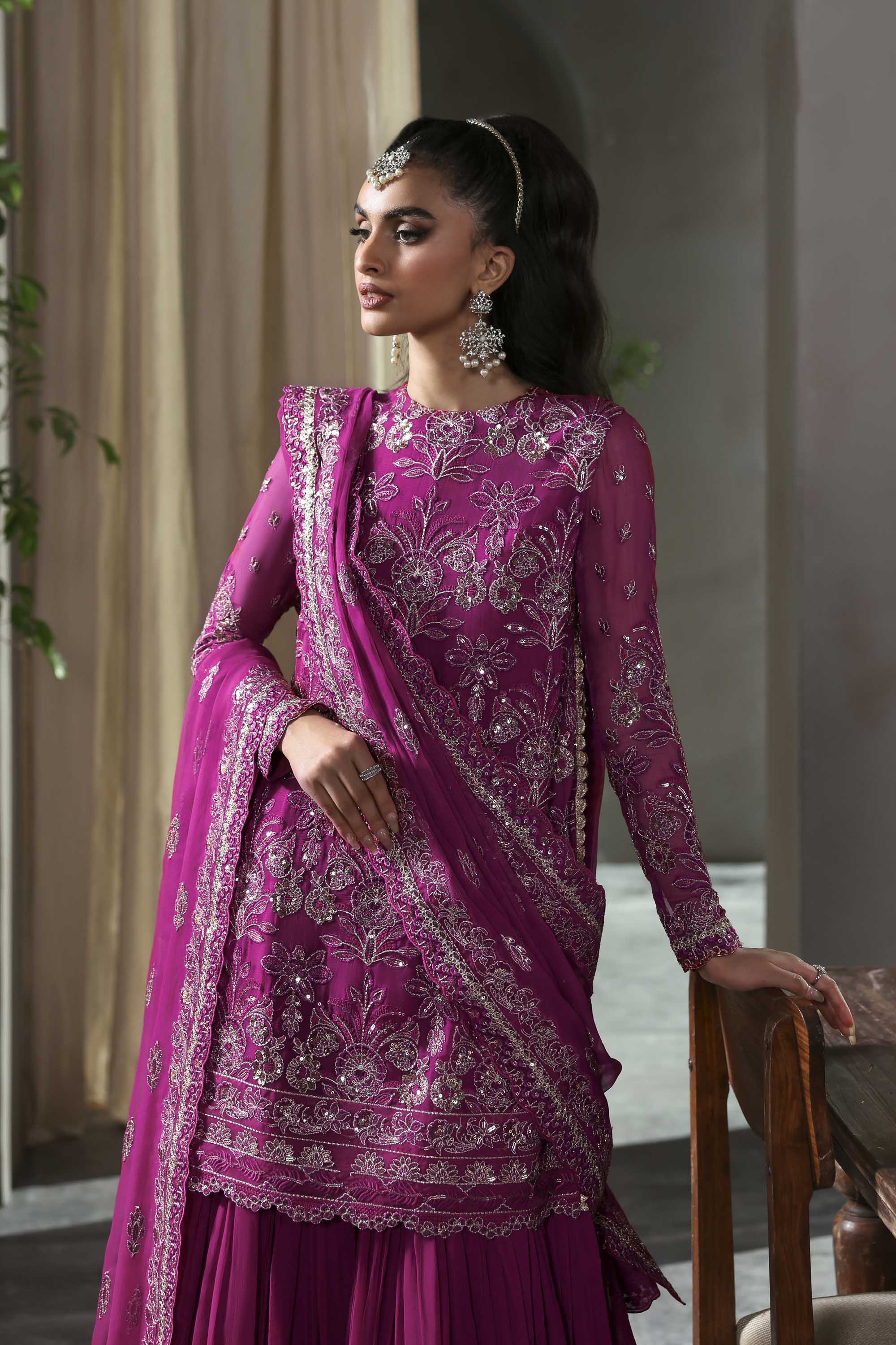 Women Wearing Mehzar Shocking Pink Shirt With Sharara For Formals Events - Pakistani Designer Wear For Women In UK | Kifat