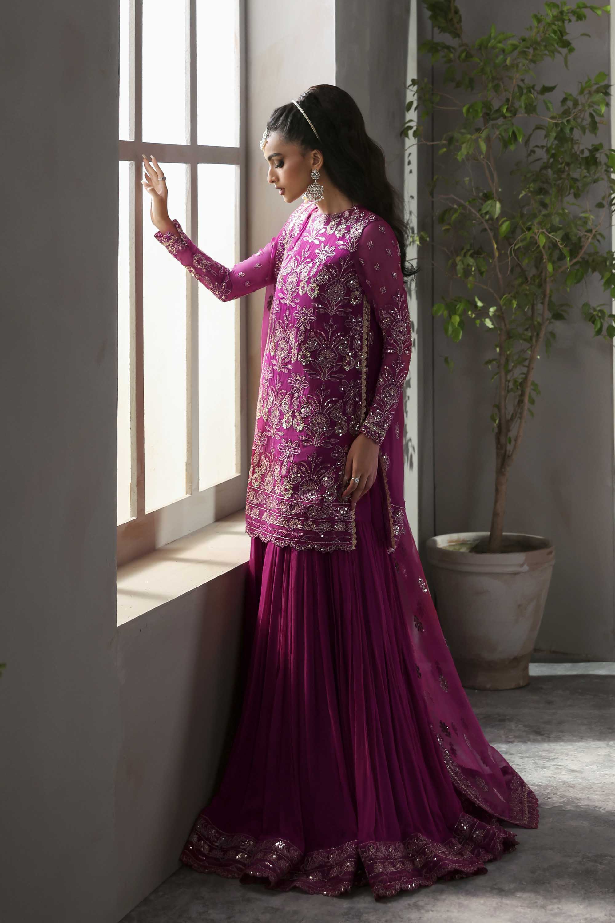 Women Wearing Mehzar Shocking Pink Shirt With Sharara For Formals Events - Pakistani Designer Wear For Women In UK | Kifat