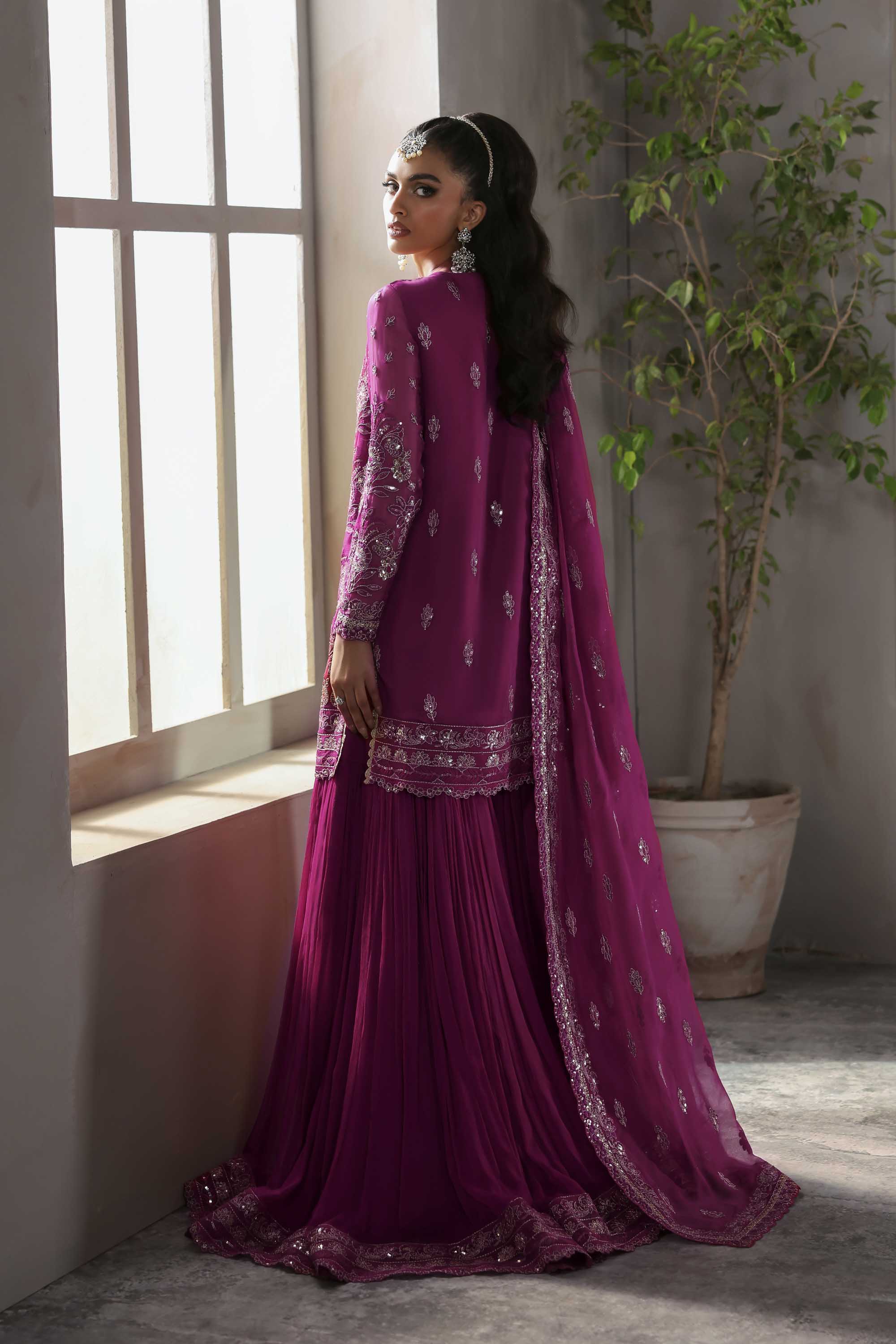 Women Wearing Mehzar Shocking Pink Shirt With Sharara For Formals Events - Pakistani Designer Wear For Women In UK | Kifat
