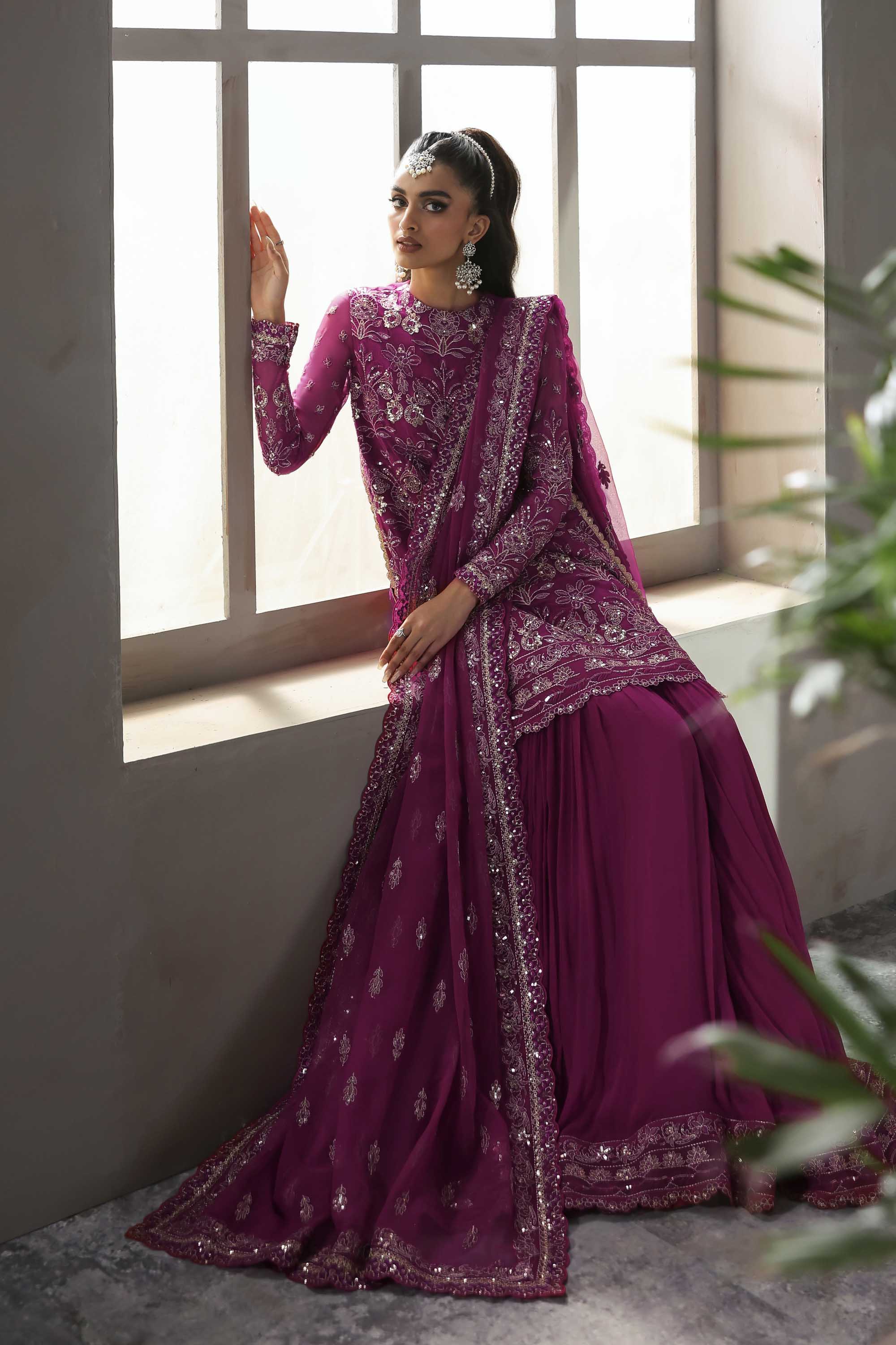Women Wearing Mehzar Shocking Pink Shirt With Sharara For Formals Events - Pakistani Designer Wear For Women In UK | Kifat