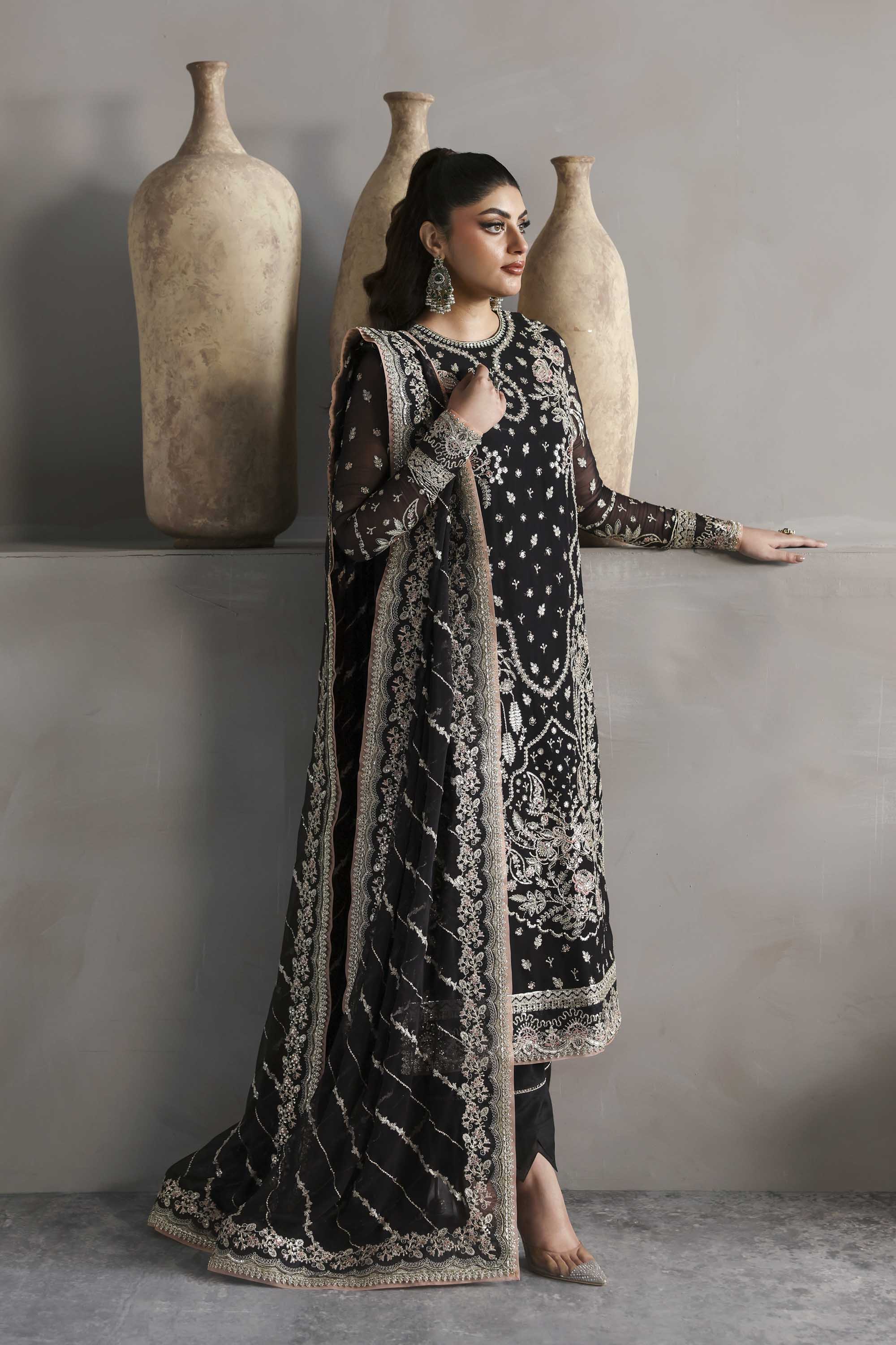 Women Wearing Zehmaya Black Long Shirt For Formals Events - Pakistani Designer Wear For Women In UK | Kifat