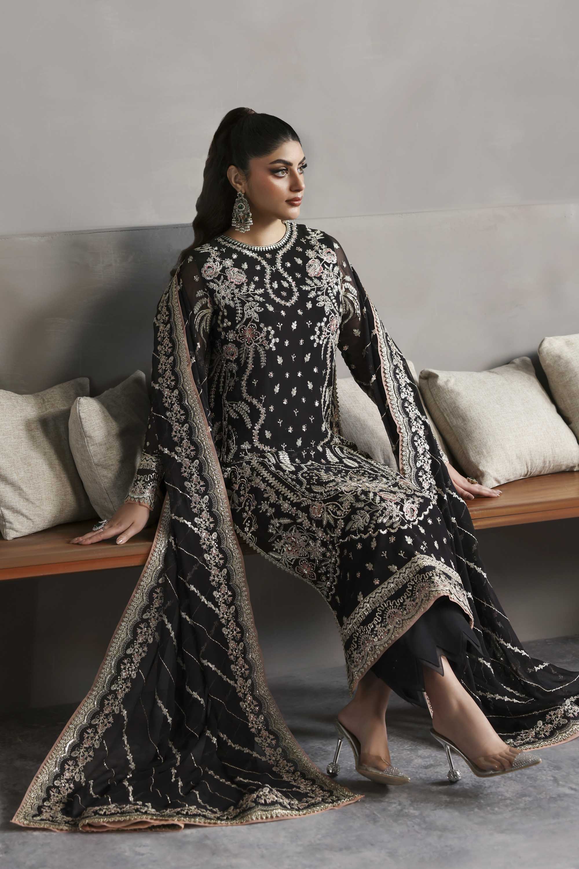 Women Wearing Zehmaya Black Long Shirt For Formals Events - Pakistani Designer Wear For Women In UK | Kifat