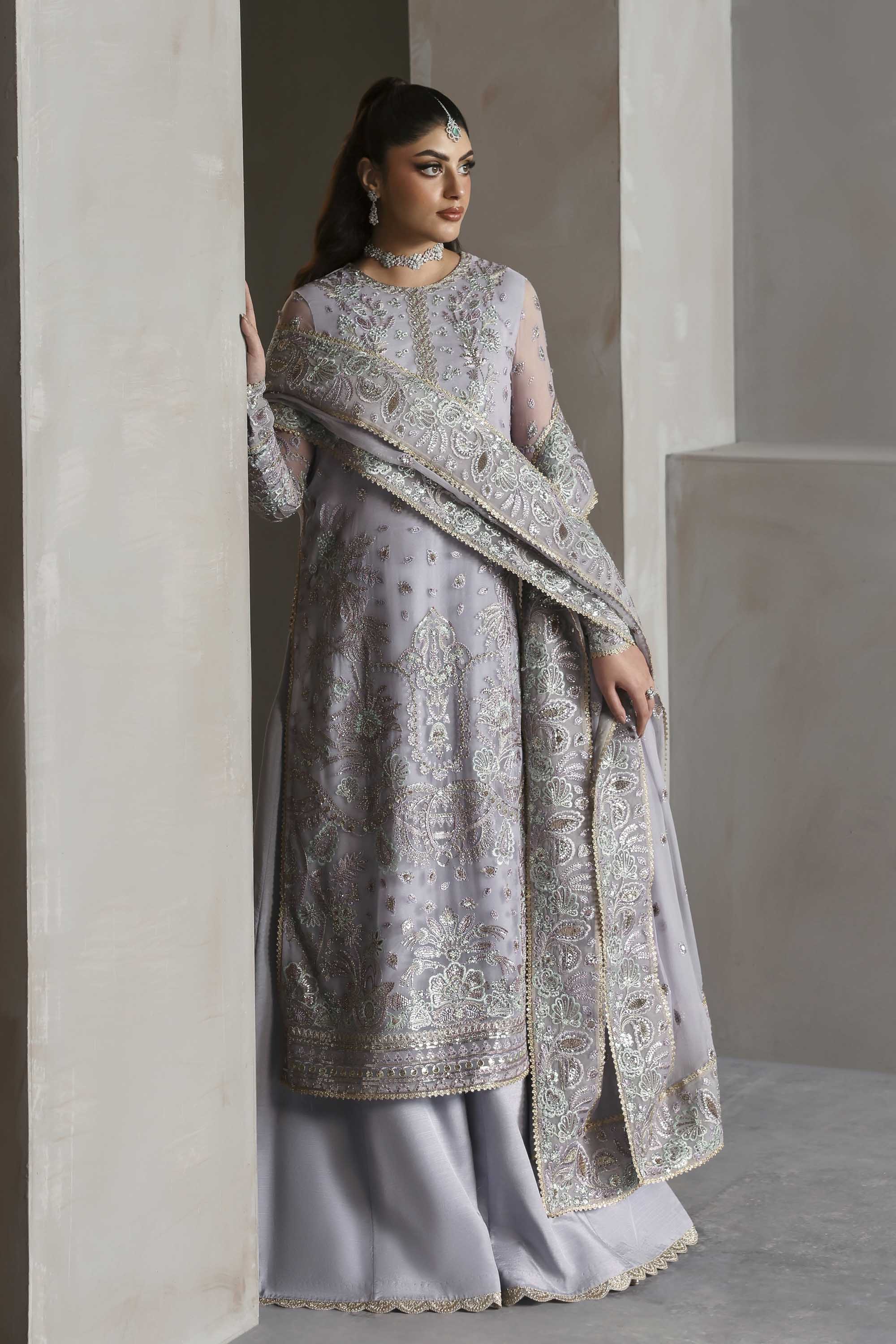 Women Wearing Emeraya Lavender Long Shirt For Formals Events - Pakistani Designer Wear For Women In UK | Kifat
