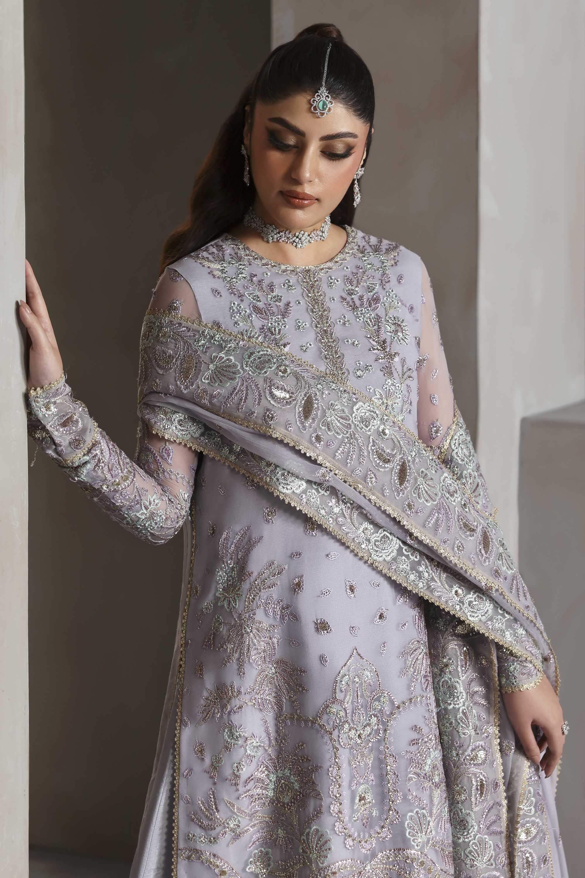 Women Wearing Emeraya Lavender Long Shirt For Formals Events - Pakistani Designer Wear For Women In UK | Kifat