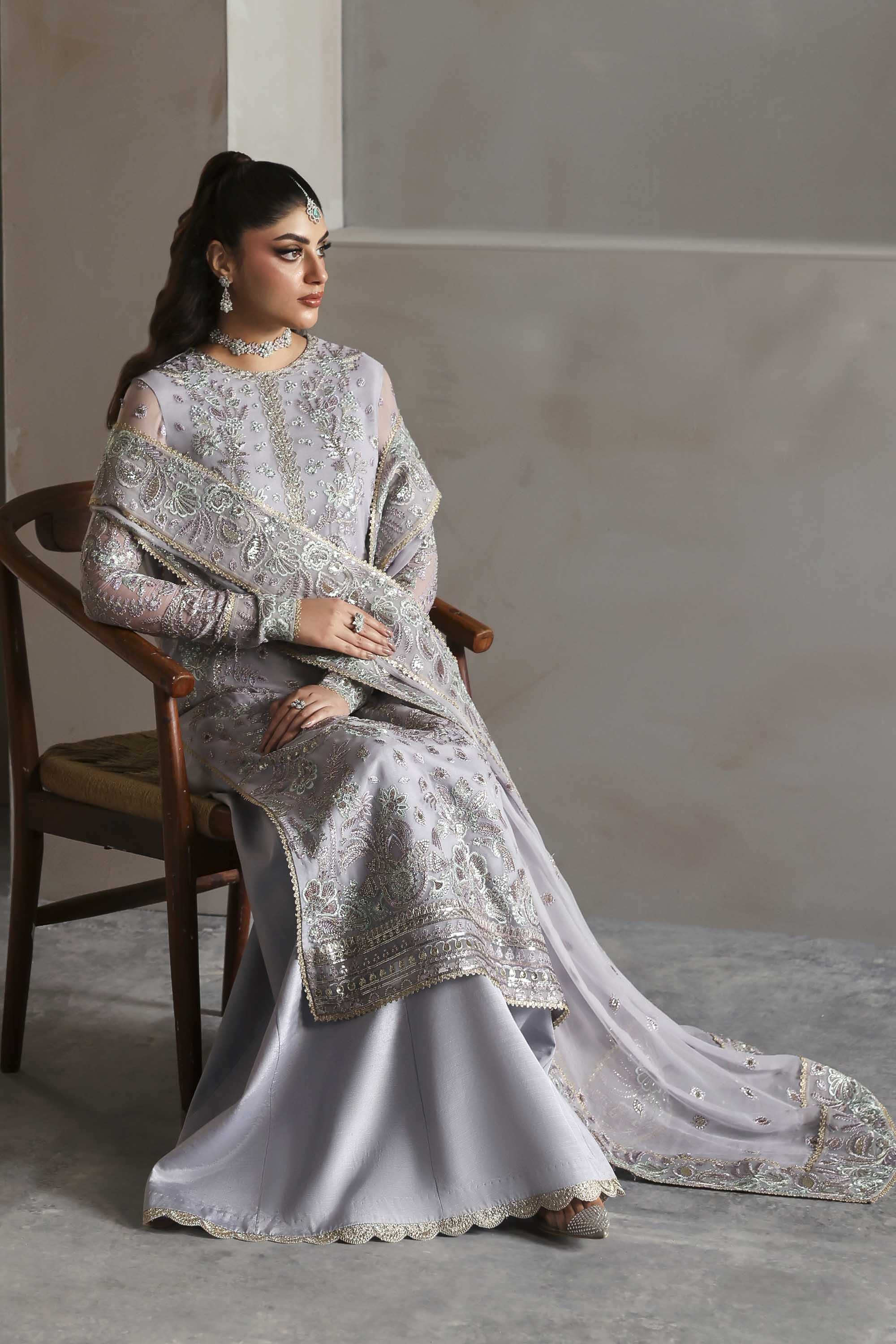 Women Wearing Emeraya Lavender Long Shirt For Formals Events - Pakistani Designer Wear For Women In UK | Kifat