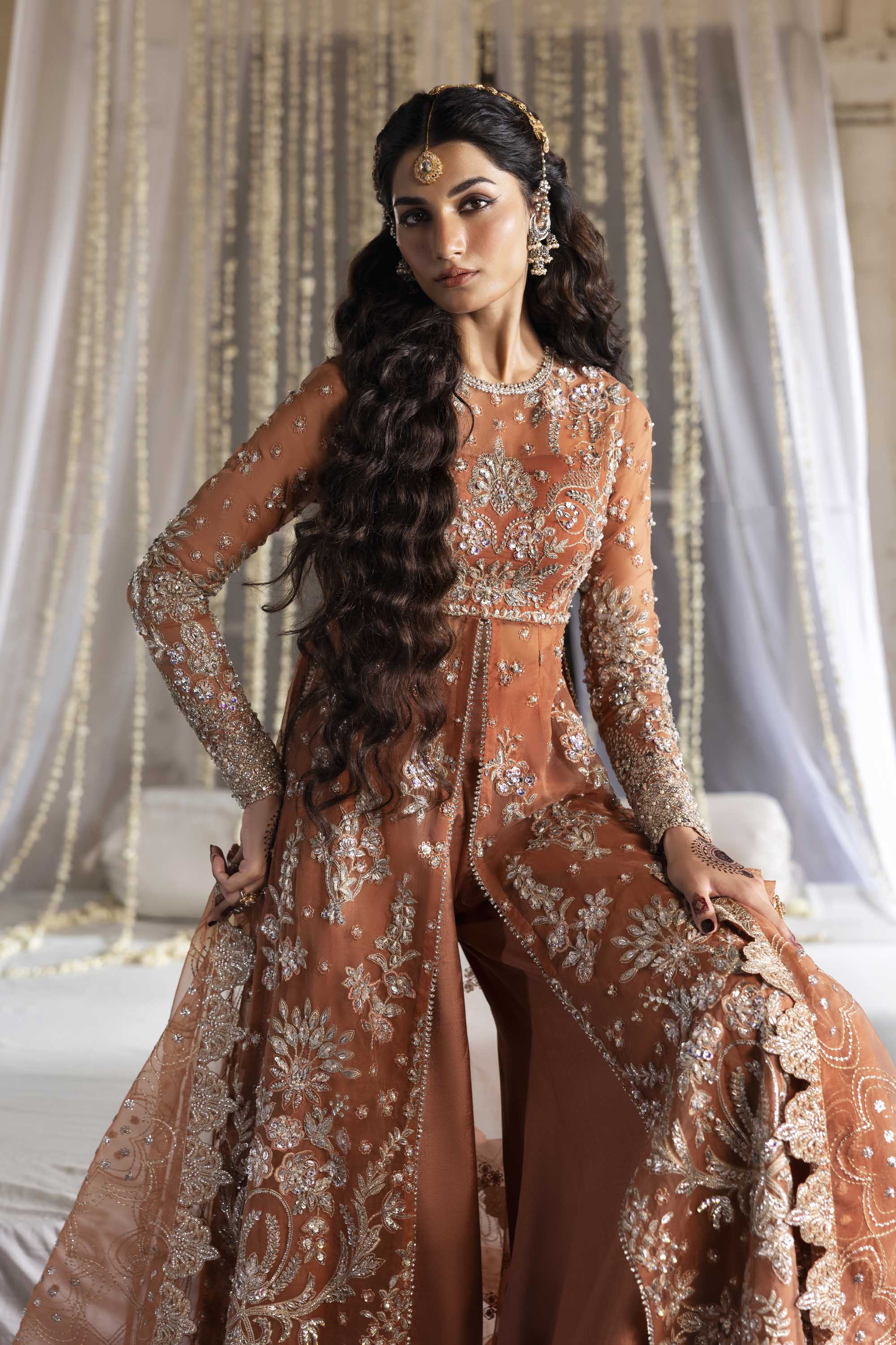 Women Wearing Meherun Rust Front Open Shirt For Formals Events - Pakistani Designer Wear For Women In UK | Kifat