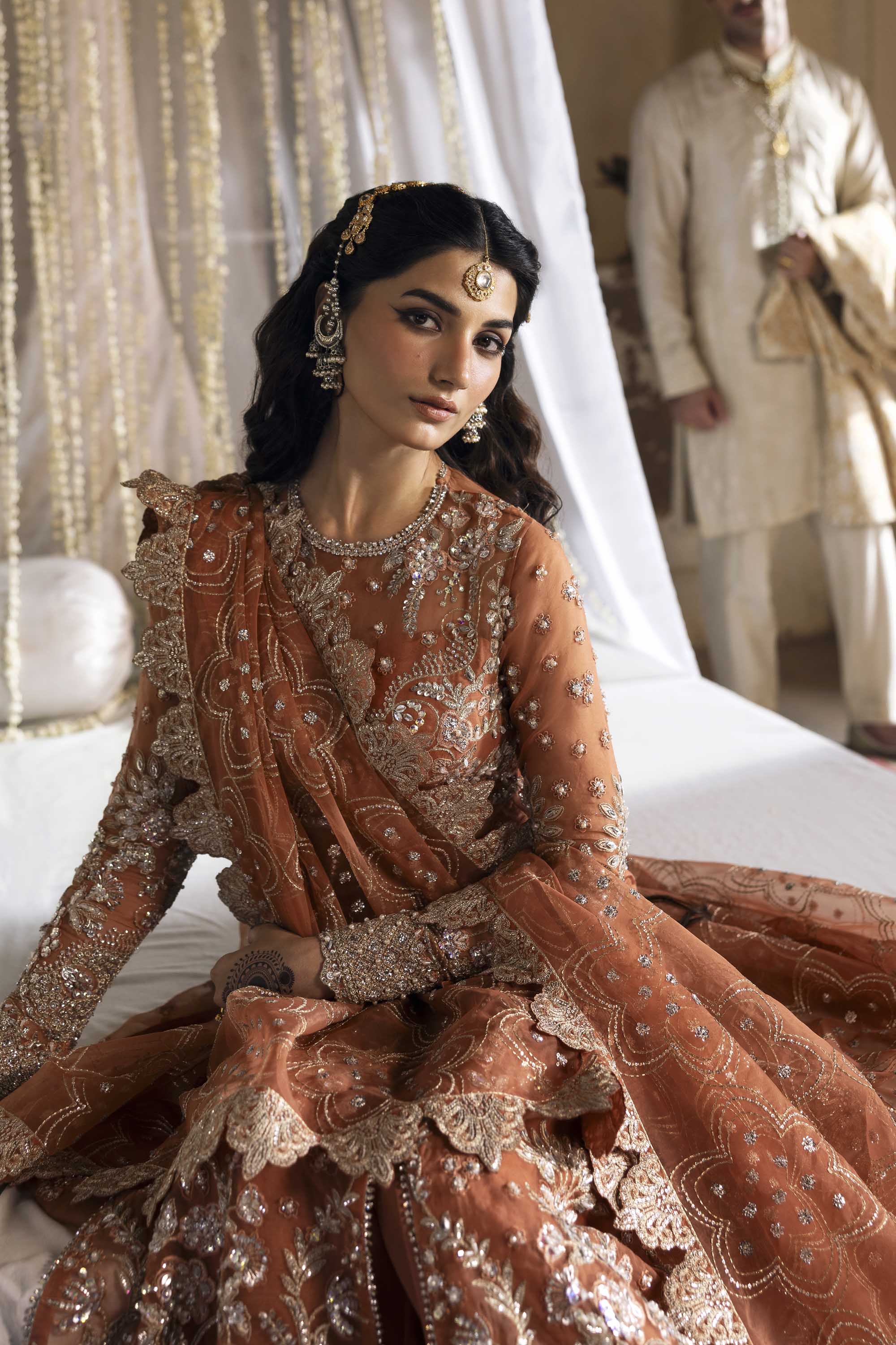 Women Wearing Meherun Rust Front Open Shirt For Formals Events - Pakistani Designer Wear For Women In UK | Kifat