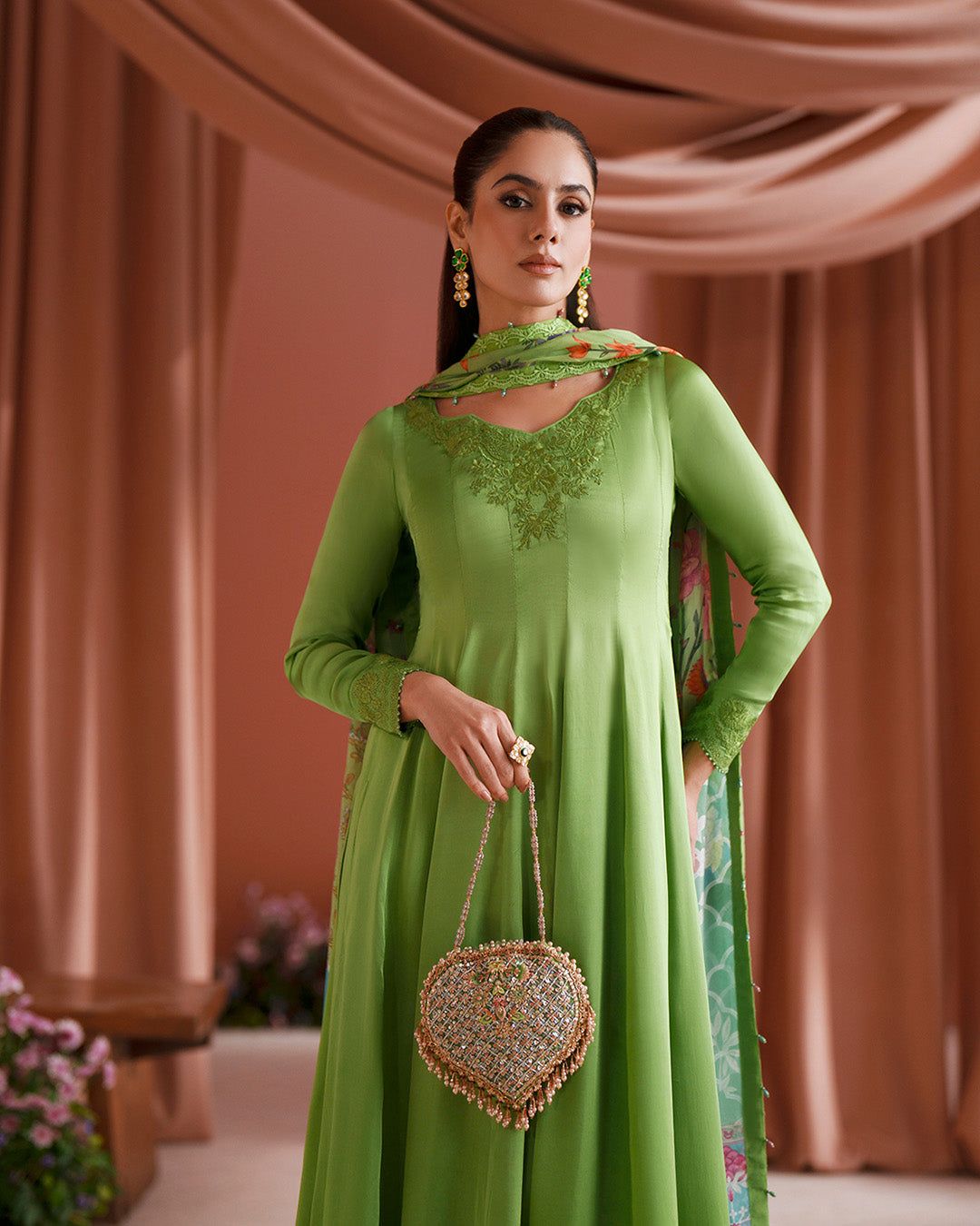 Women Wearing Gomana Pear Green Shirt with Culottes for Luxury Events - Pakistani Designer Wear for Women in UK | Kifat