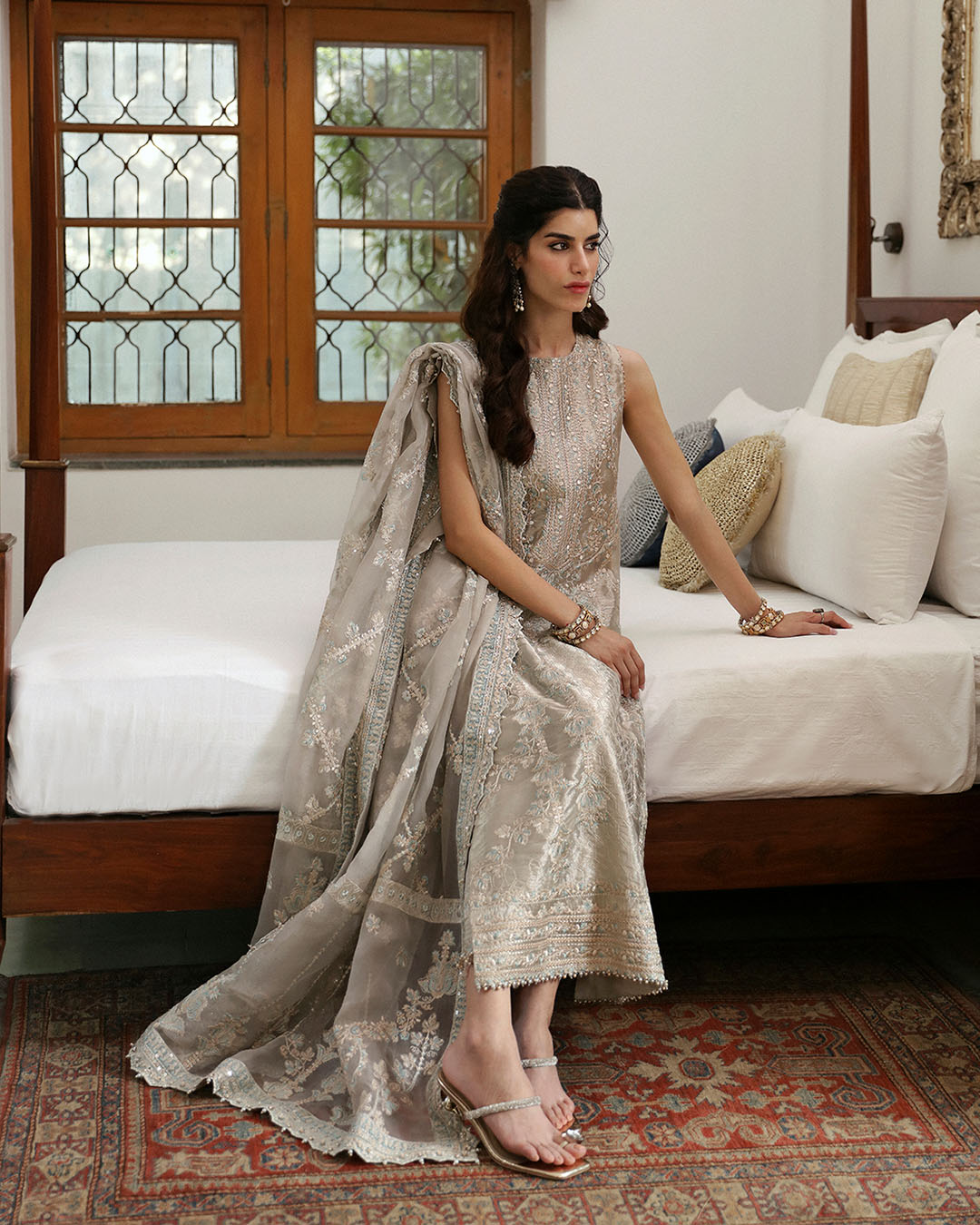 Model Wearing Faiza Saqlain Damaris Light Stone Gray Shirt with Trouser for formal events wear - Pakistani Designer Wear for Women in UK | Kifat