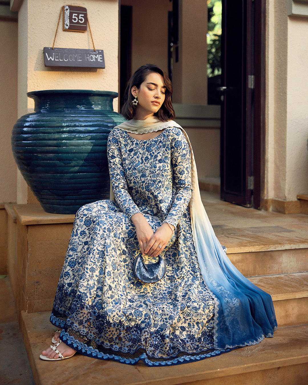Model Wearing Faiza Saqlain Terylin Off-White & Blue Kalidaar with Culottes for Ladies wear - Pakistani Designer Wear for Women in UK | Kifat
