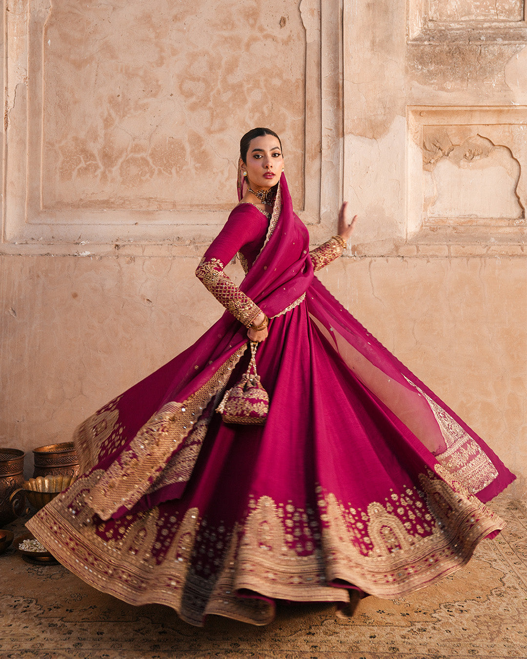Model Wearing Faiza Saqlain Cassia Vivid Burgundy Pishwas with Churidar for wedding wear - Pakistani Designer Wear for Women in UK | Kifat