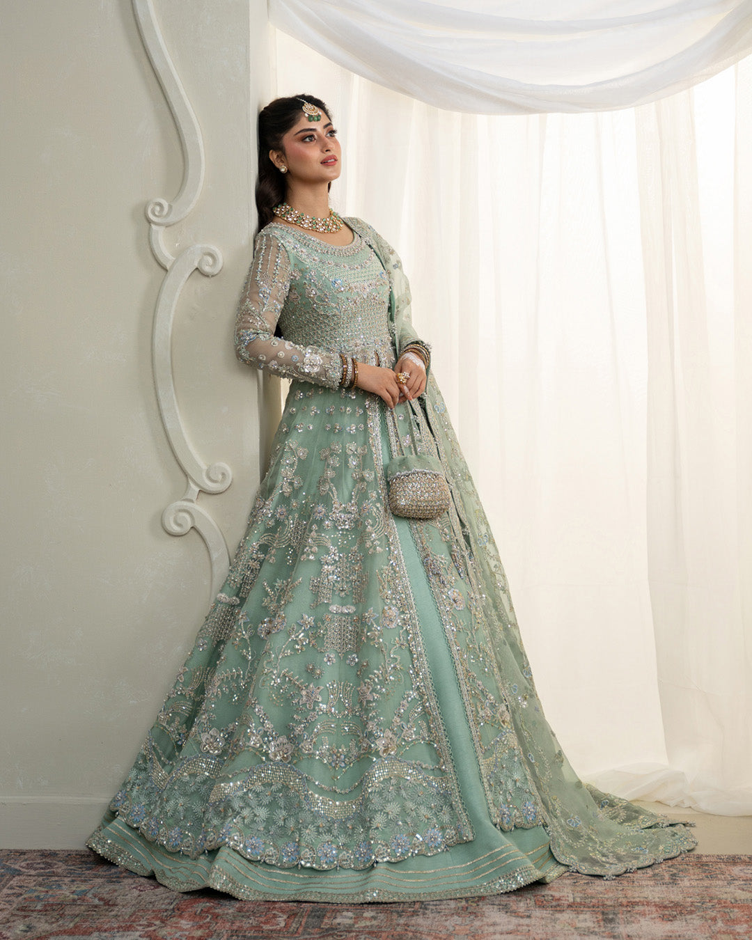 Model Wearing Faiza Saqlain Selin Mint Green Shirt with Lehnga for wedding wear - Pakistani Designer Wear for Women in UK | Kifat