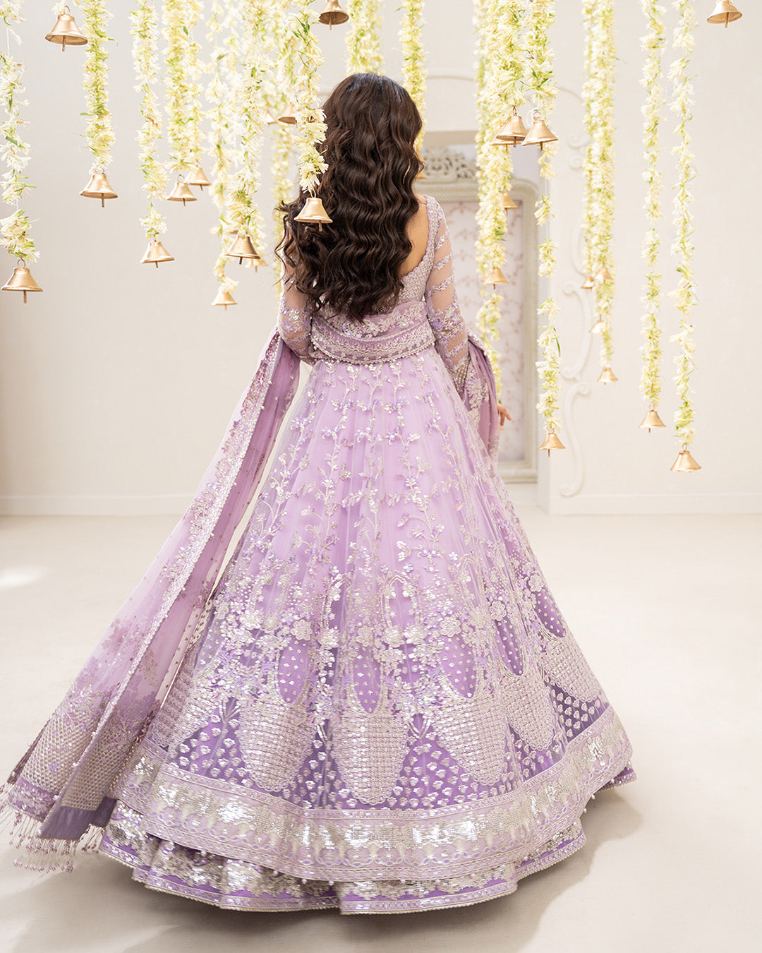 Model Wearing Faiza Saqlain Pinar Lilac Jacket Shirt with Lehnga for wedding wear - Pakistani Designer Wear for Women in UK | Kifat
