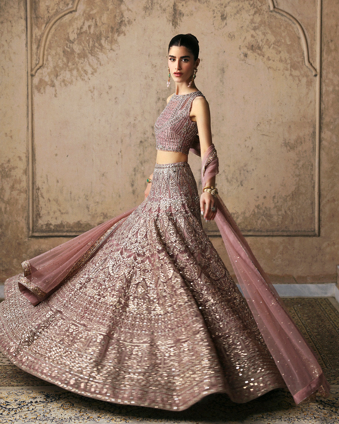 Model Wearing Faiza Saqlain Prenia Dusty Rose Lehnga Choli for wedding wear - Pakistani Designer Wear for Women in UK | Kifat