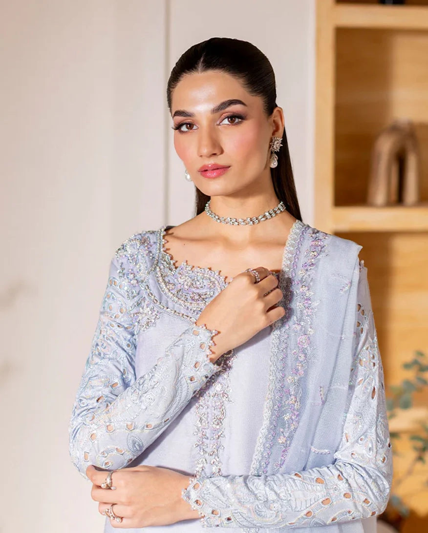 Women Wearing Verve Ice Blue Long Shirt for Luxury Events - Pakistani Designer Wear for Women in UK | Kifat