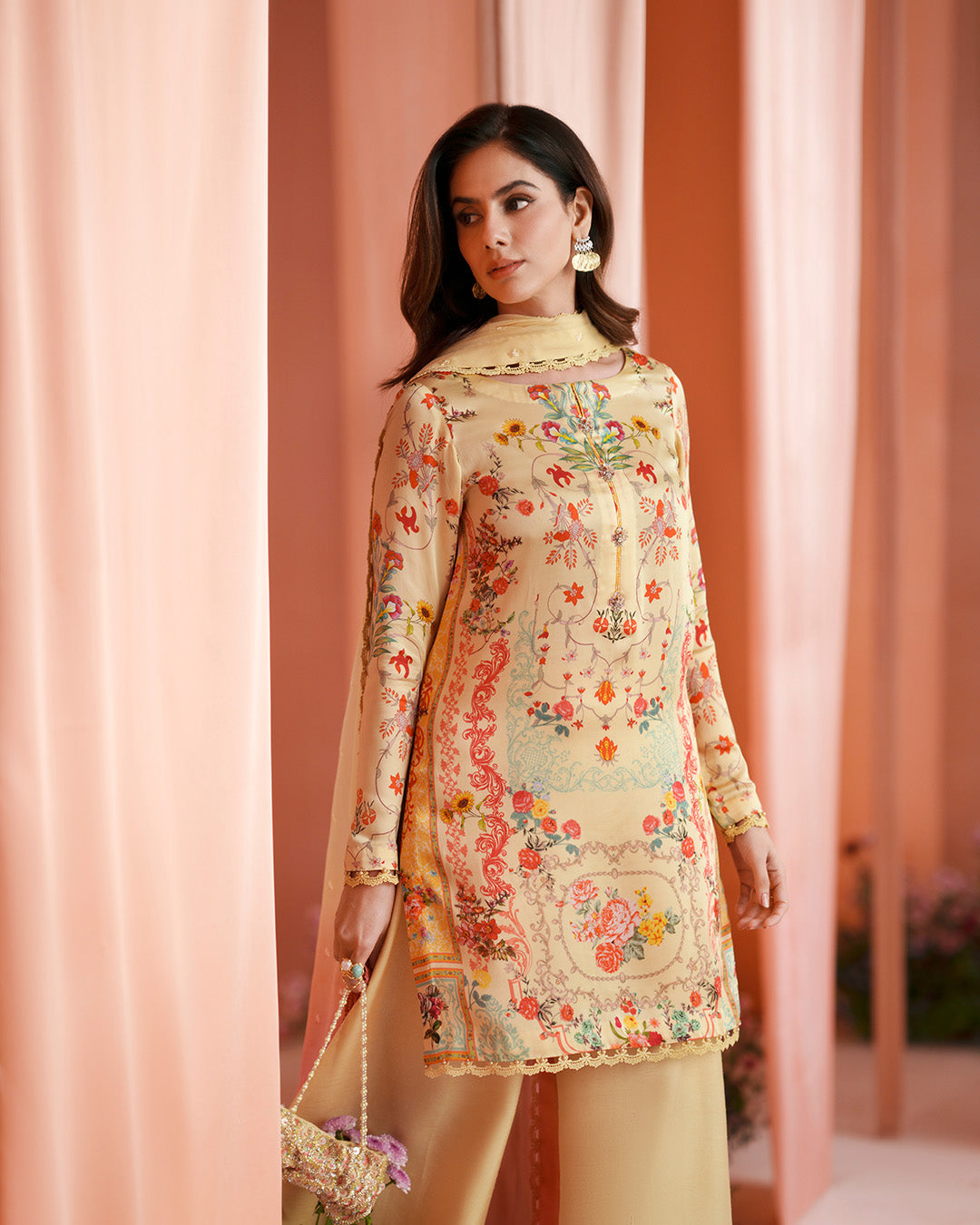Women Wearing Resal Yellow Shirt with Flared Pants for Luxury Events - Pakistani Designer Wear for Women in UK | Kifat