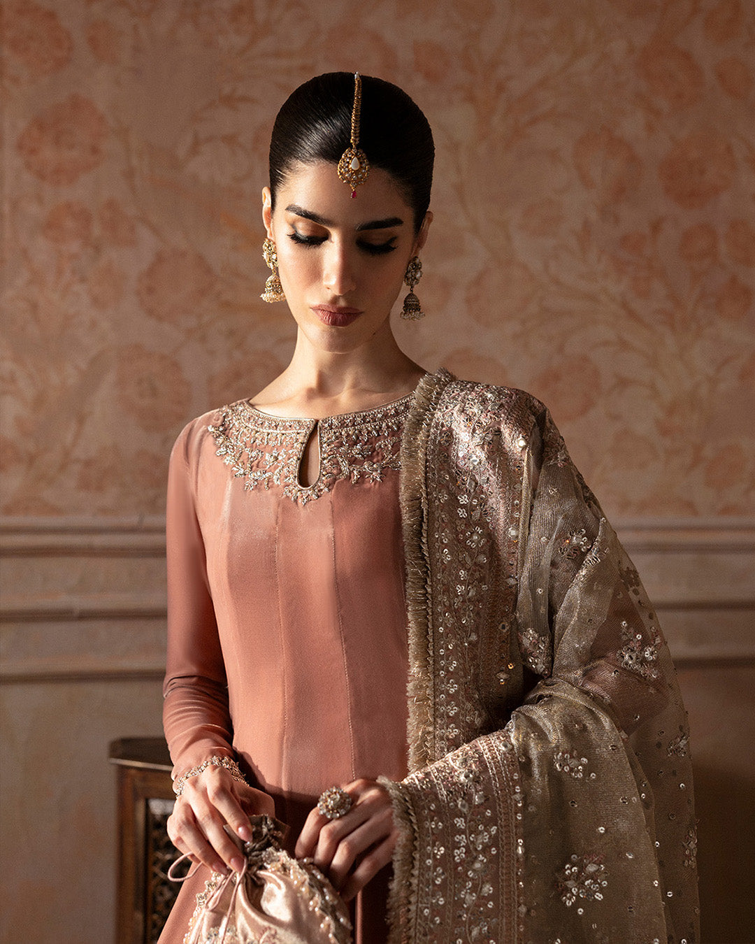 Model Wearing Faiza Saqlain Averna Tea Pink Kalidaar with Culottes for wedding wear - Pakistani Designer Wear for Women in UK | Kifat