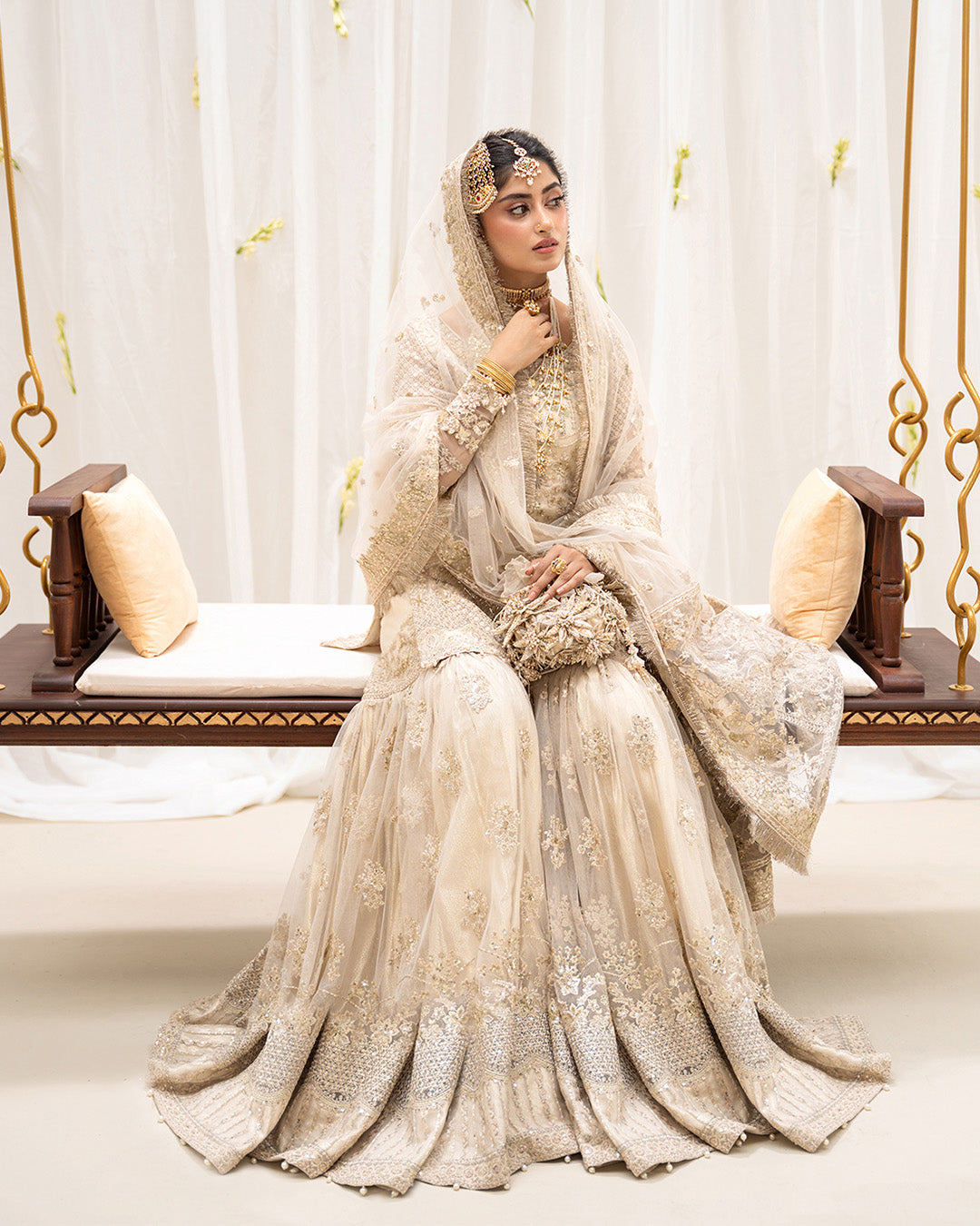 Model Wearing Faiza Saqlain Safak Ivory Shirt with Gharara for wedding wear - Pakistani Designer Wear for Women in UK | Kifat