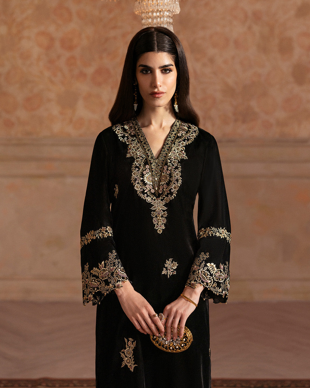 Model Wearing Faiza Saqlain Vita Black Shirt with Trouser for formal events wear - Pakistani Designer Wear for Women in UK | Kifat