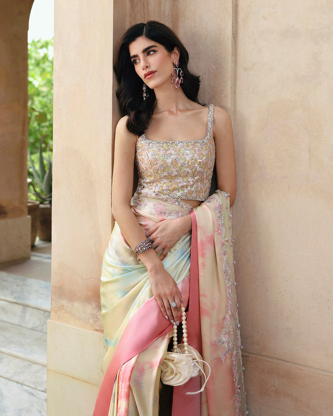 Model Wearing Faiza Saqlain Kalara Multi Tie-and-Dye Saree for wedding wear - Pakistani Designer Wear for Women in UK | Kifat