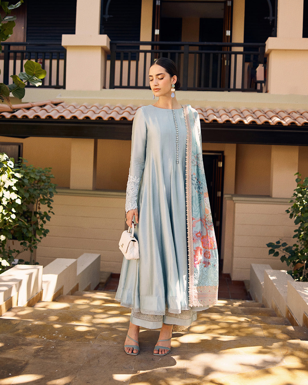 Model Wearing Faiza Saqlain Leia Pastel Blue Kalidaar with Culottes for Ladies wear - Pakistani Designer Wear for Women in UK | Kifat