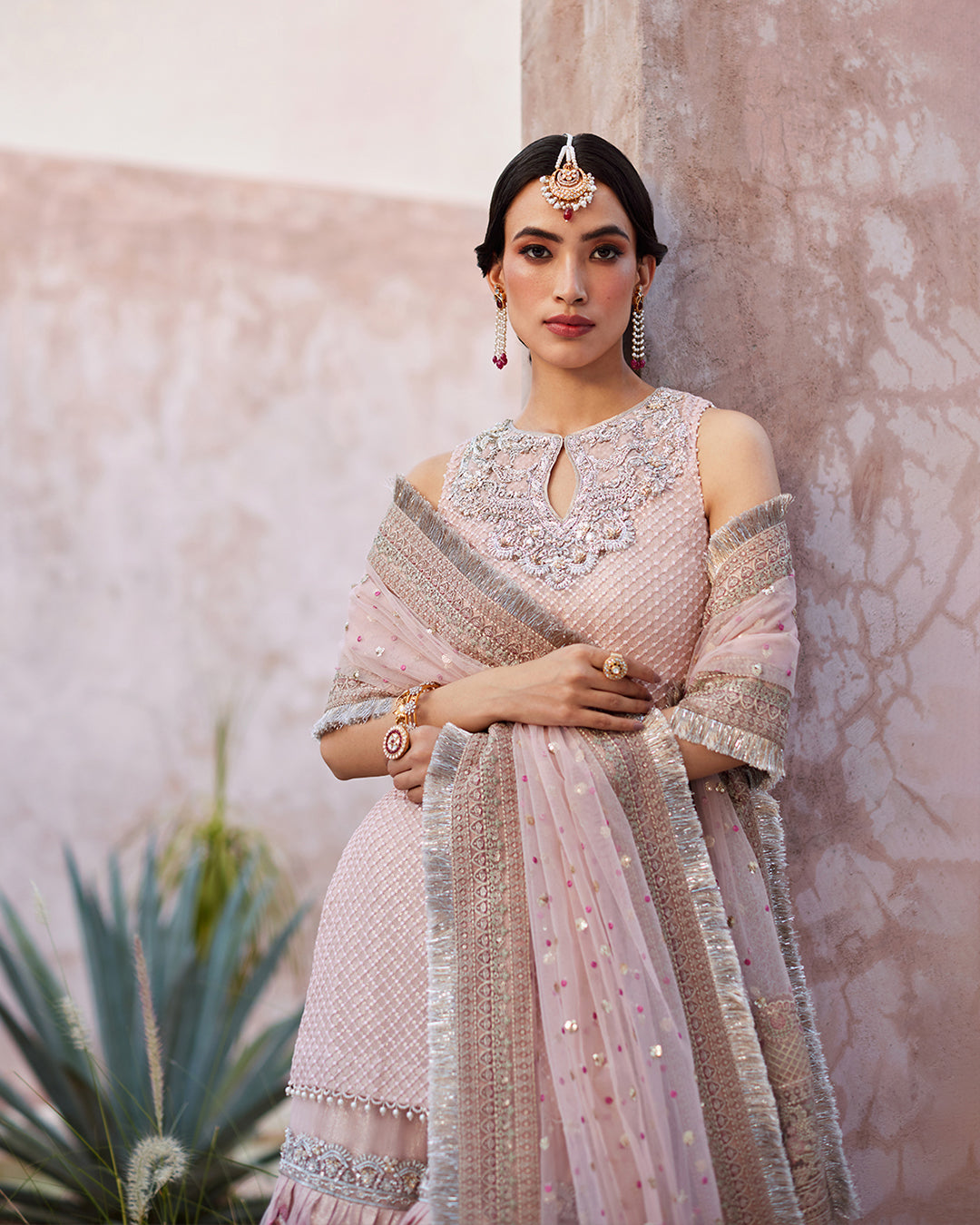 Model Wearing Faiza Saqlain Eilees Powder Pink Shirt with Gharara for wedding wear - Pakistani Designer Wear for Women in UK | Kifat