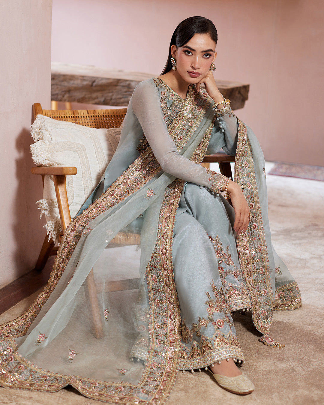 Model Wearing Faiza Saqlain Zaafia Ice Blue Shirt with Flared Pants for wedding wear - Pakistani Designer Wear for Women in UK | Kifat