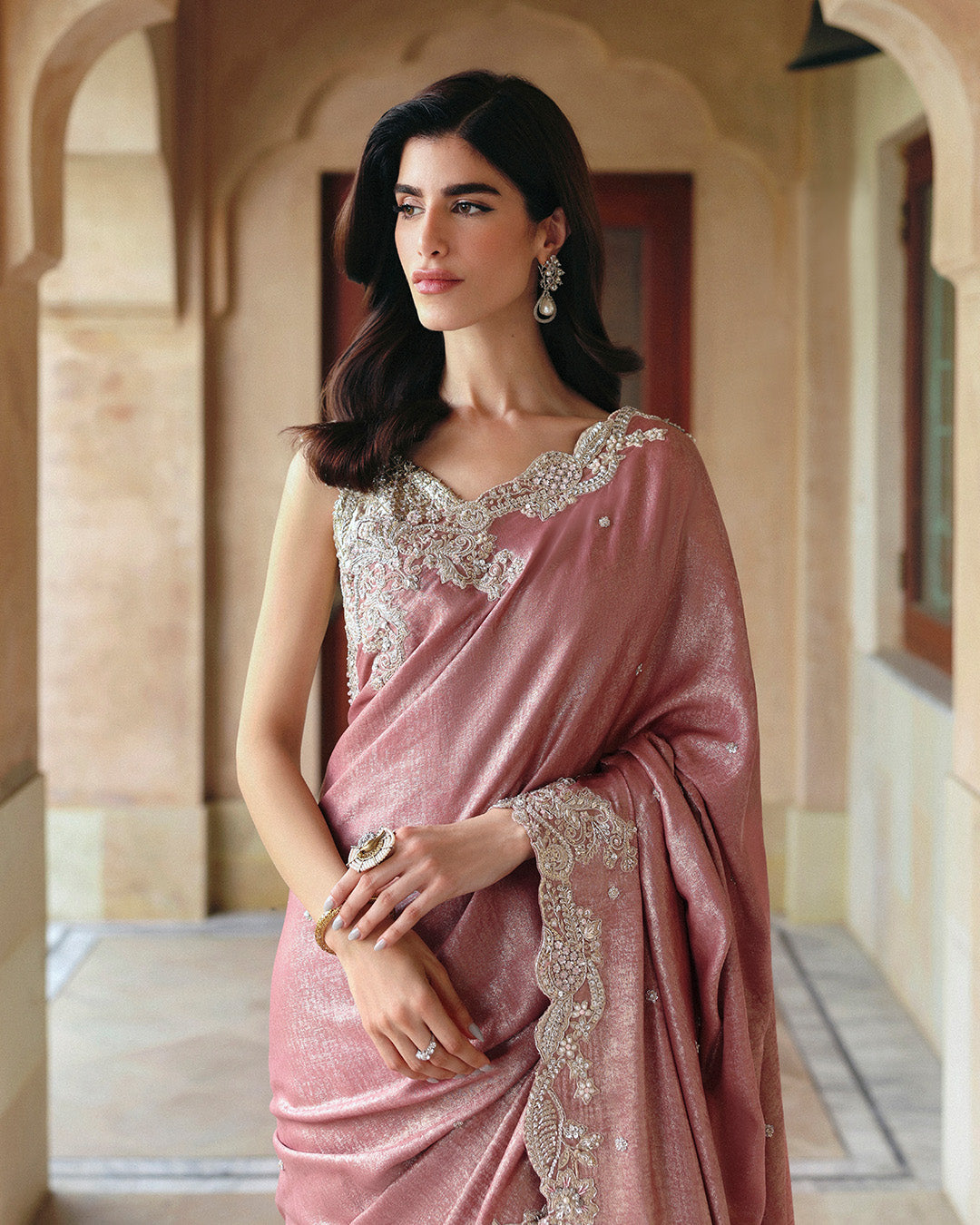 Model Wearing Faiza Saqlain Jahari Dusty Pink Saree for wedding wear - Pakistani Designer Wear for Women in UK | Kifat