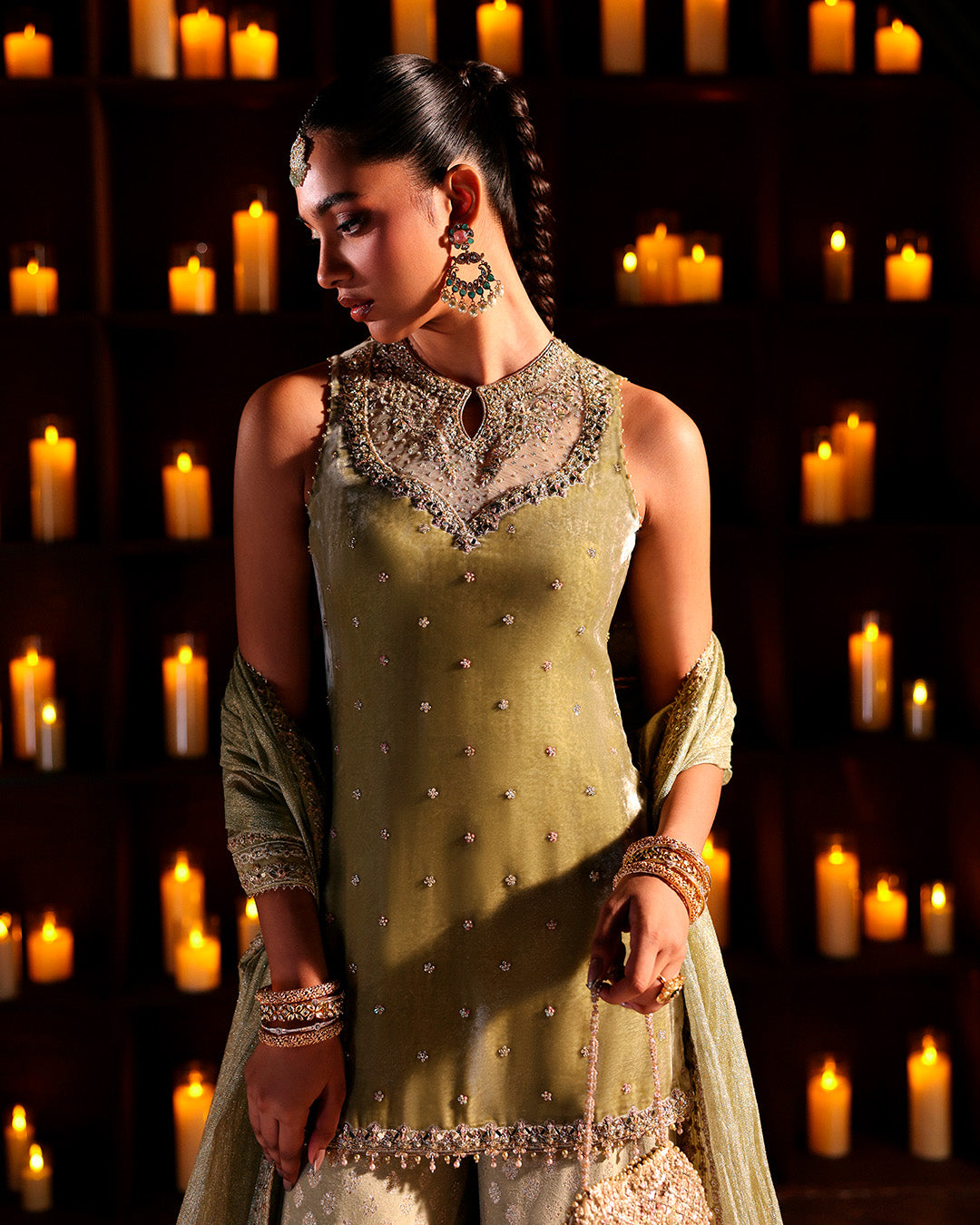 Model Wearing Faiza Saqlain Zerra Muted Olive Green Shirt with Gharara for wedding wear - Pakistani Designer Wear for Women in UK | Kifat