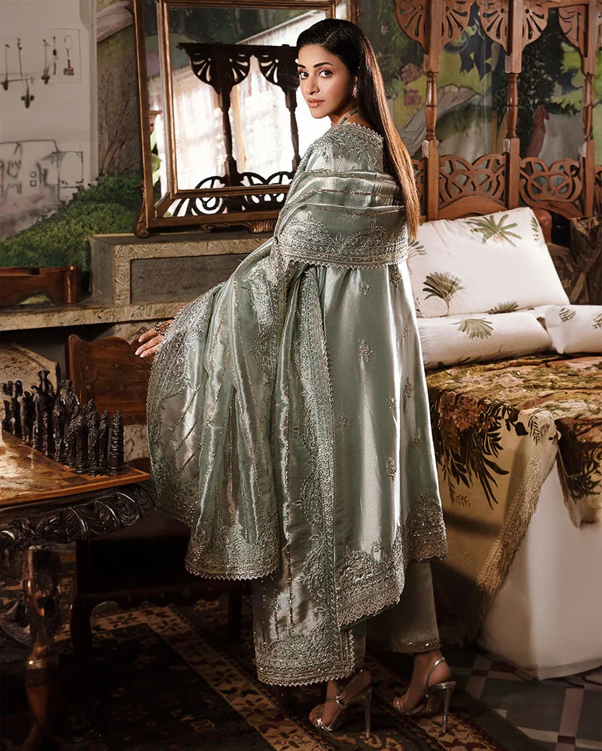 Women Wearing Heer Sea Green Silver Long Shirt for Formal Events - Pakistani Designer Wear for Women in UK | Kifat