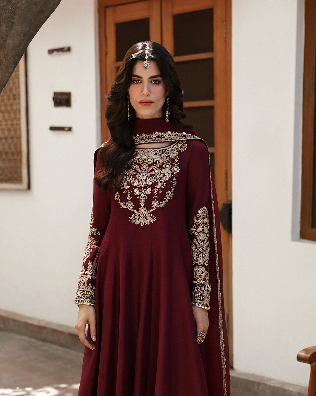Model Wearing Faiza Saqlain Norine Maroon Shirt with Culottes for formal events wear - Pakistani Designer Wear for Women in UK | Kifat