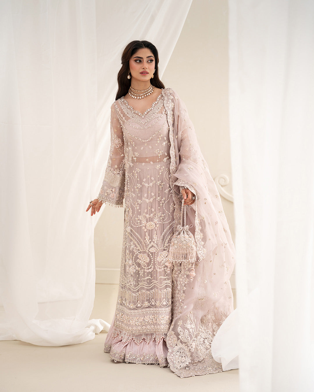 Model Wearing Faiza Saqlain Ela Dusty Rose Shirt with Trouser for formal events wear - Pakistani Designer Wear for Women in UK | Kifat
