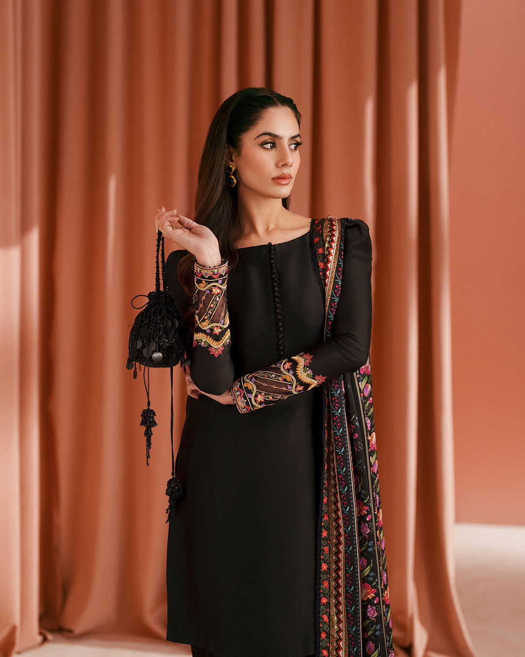 Women Wearing Lulia Black Shirt with Shalwar for Luxury Events - Pakistani Designer Wear for Women in UK | Kifat