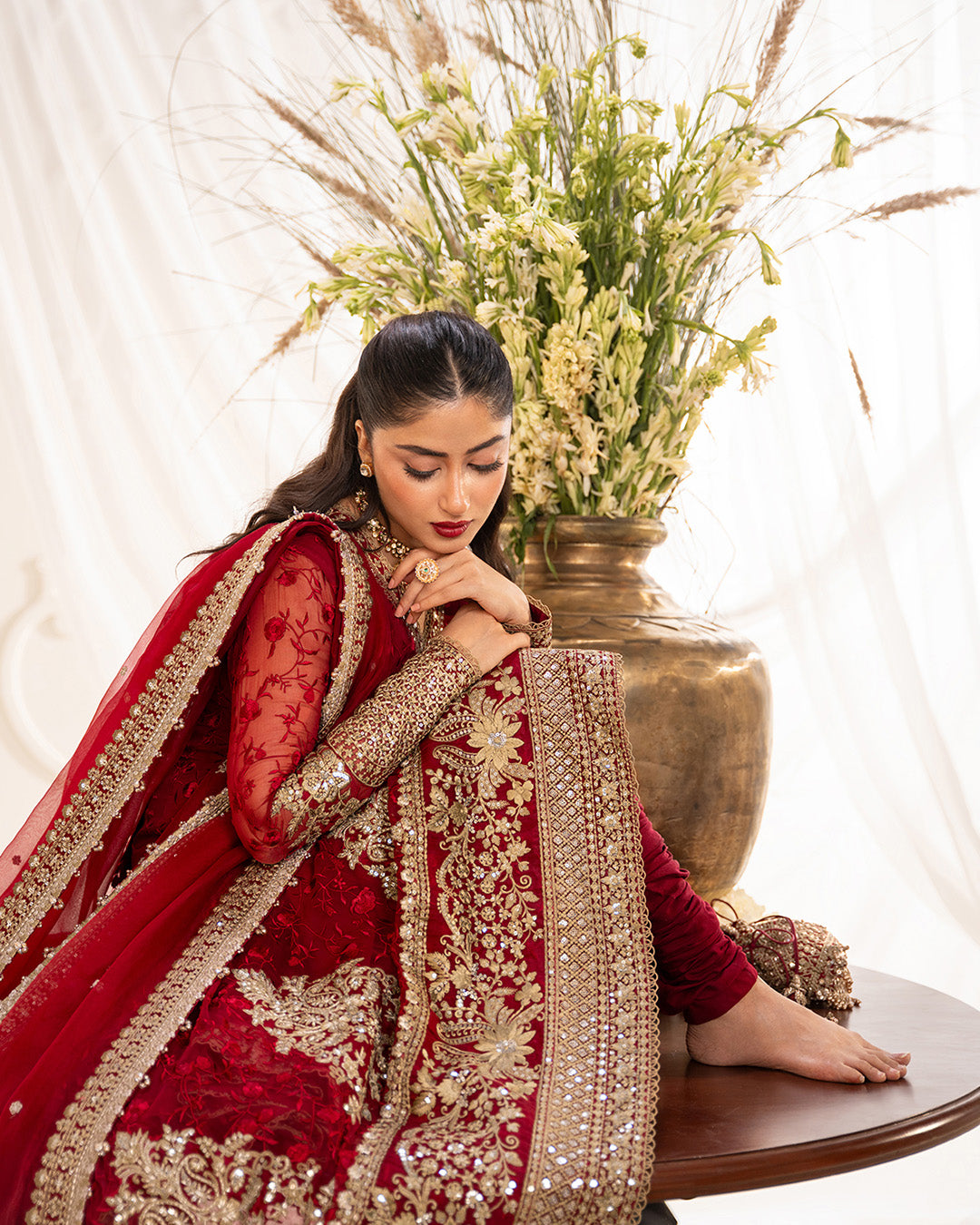 Model Wearing Faiza Saqlain Gul Scarlet Shirt with Churidar for wedding wear - Pakistani Designer Wear for Women in UK | Kifat