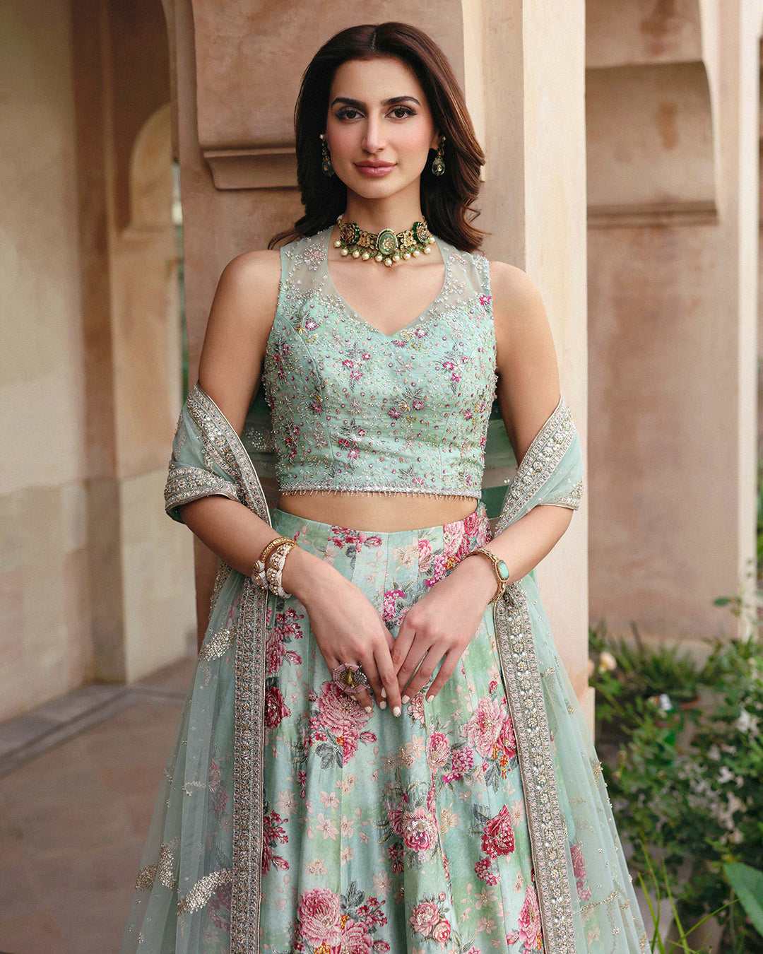 Model Wearing Faiza Saqlain Rosabelle Sea Green Lehnga Choli for wedding wear - Pakistani Designer Wear for Women in UK | Kifat
