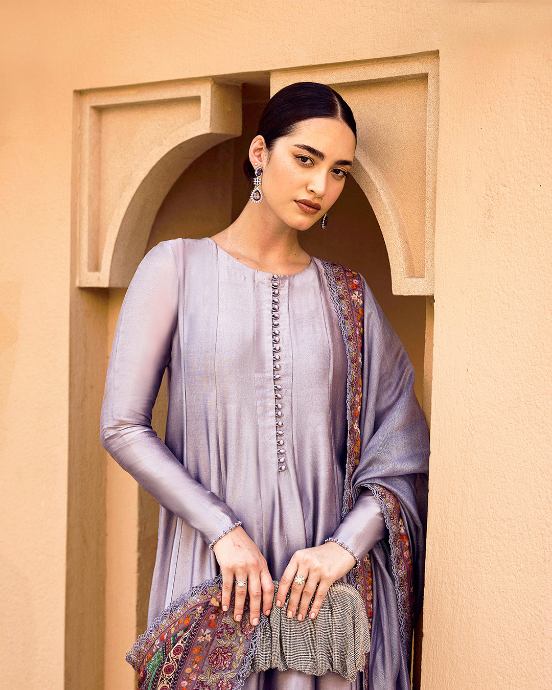Model Wearing Faiza Saqlain Mersera Mauve Grey Kalidaar with Culottes for Ladies wear - Pakistani Designer Wear for Women in UK | Kifat