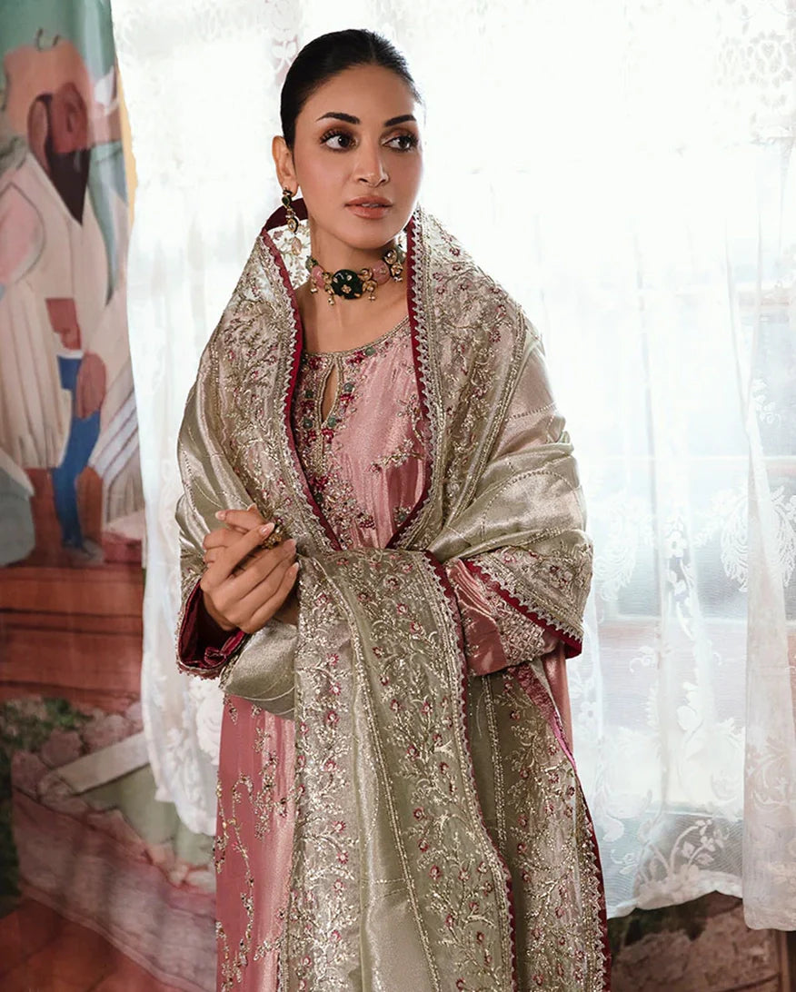 Women Wearing Lamia Pink Silver Long Shirt for Formal Events - Pakistani Designer Wear for Women in UK | Kifat