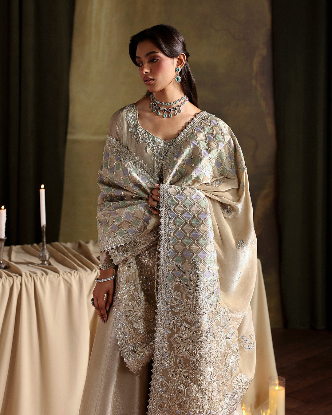 Model Wearing Faiza Saqlain Joella Ivory Gold Kalidaar for wedding wear - Pakistani Designer Wear for Women in UK | Kifat