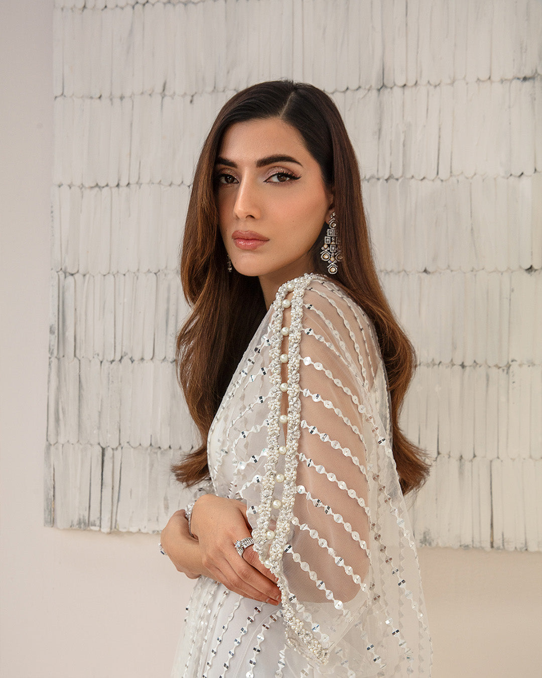 Model Wearing Faiza Saqlain Ariella White Kaftan for formal events wear - Pakistani Designer Wear for Women in UK | Kifat
