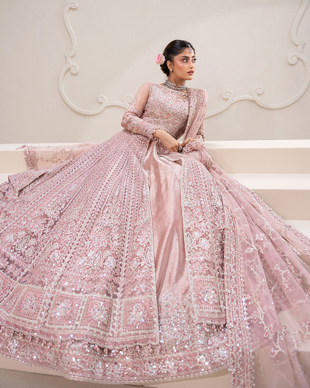 Model Wearing Faiza Saqlain Leyan Dusty Pink Shirt with Lehnga for wedding wear - Pakistani Designer Wear for Women in UK | Kifat