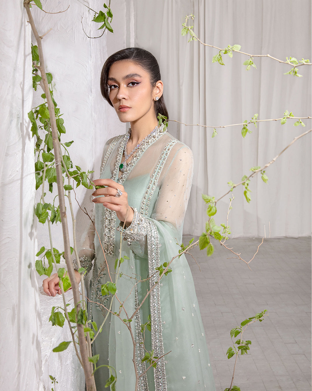 Model Wearing Faiza Saqlain Marvela Ice Blue Shirt with Flared Pants for formal events wear - Pakistani Designer Wear for Women in UK | Kifat