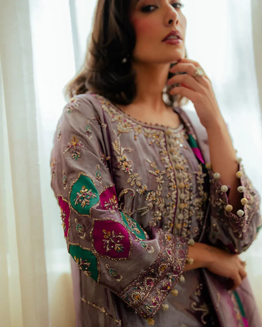 Women Wearing Aaidah Lavender Long Shirt for Formal Events - Pakistani Designer Wear for Women in UK | Kifat