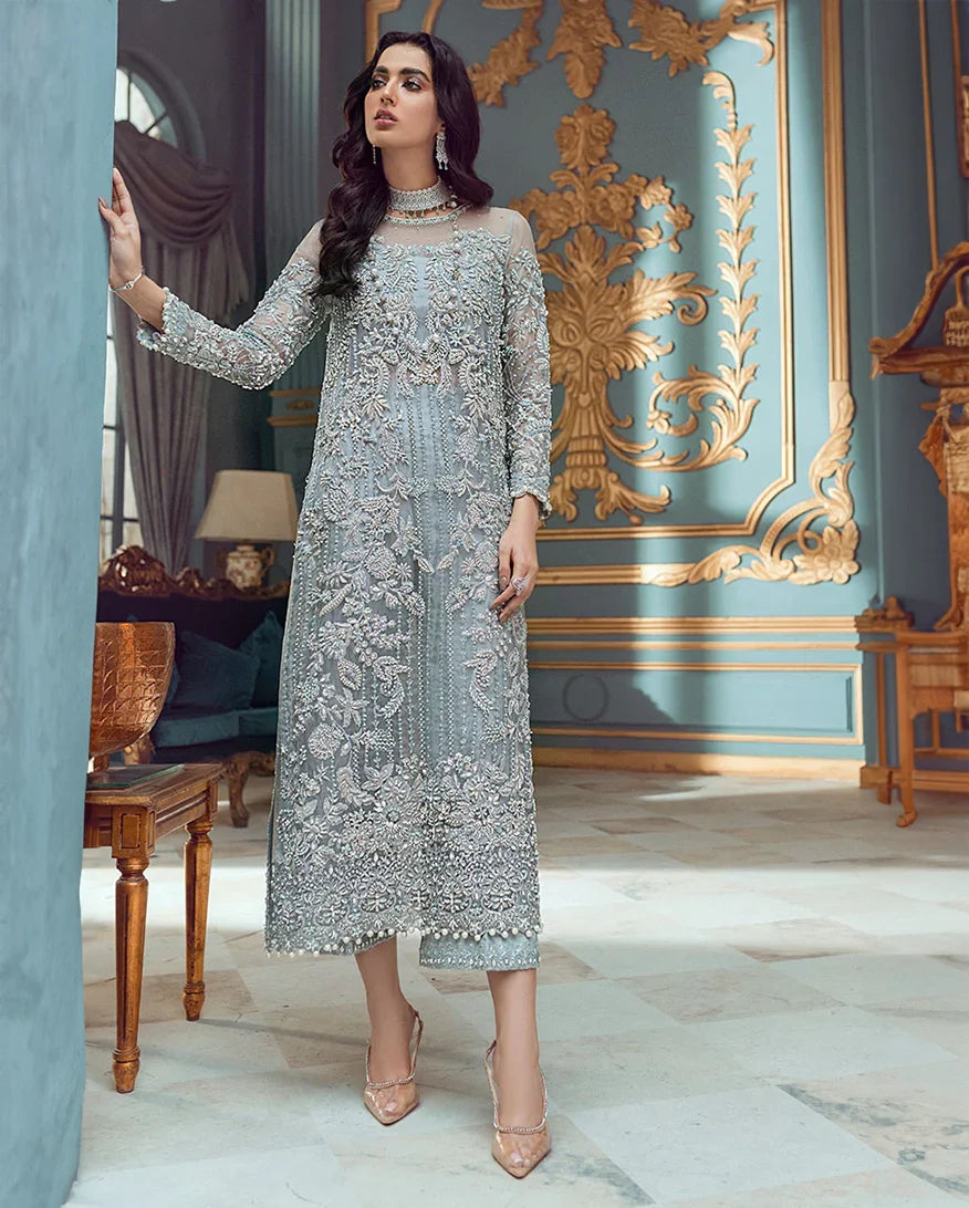 Women Wearing Adela (3 Piece) Ice Blue Long Shirt for Formal Events - Pakistani Designer Wear for Women in UK | Kifat