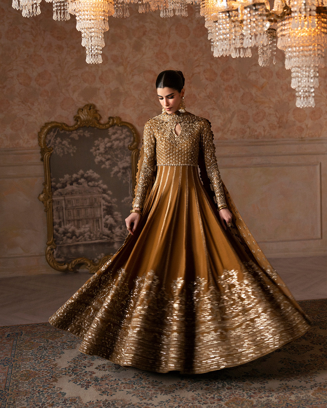 Model Wearing Faiza Saqlain Ermina Mustard Pishwas with Churidaar for wedding wear - Pakistani Designer Wear for Women in UK | Kifat